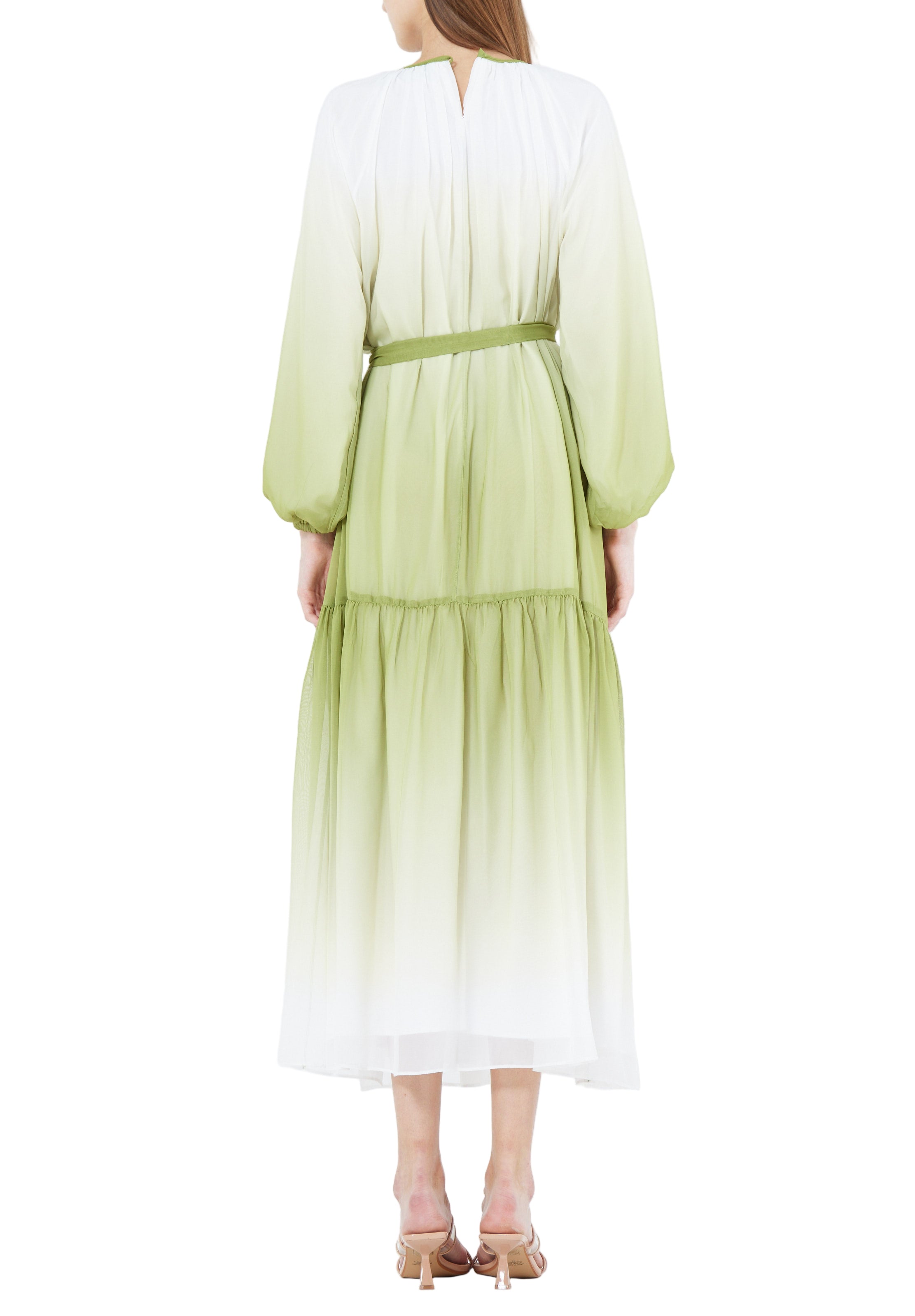 Double Shaded Printed Chiffon Jalabiya With Round Neckline And Long Puff Sleeves