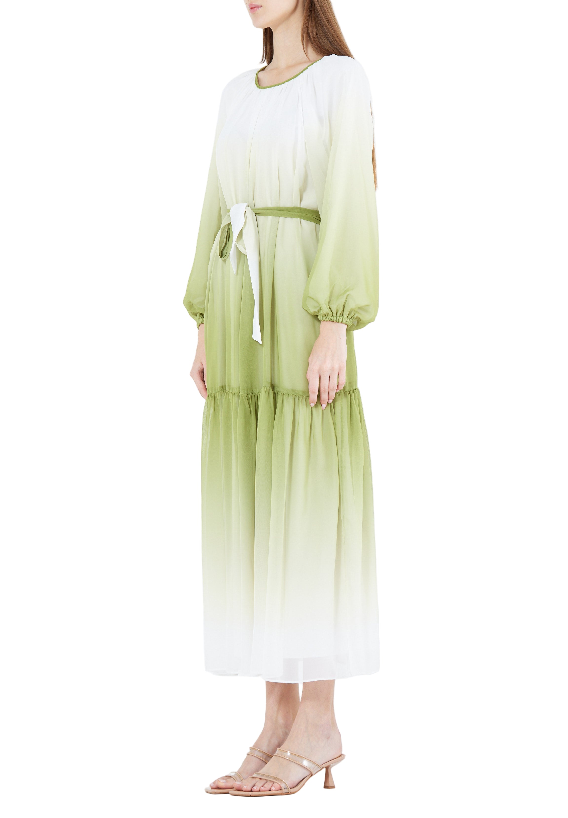 Double Shaded Printed Chiffon Jalabiya With Round Neckline And Long Puff Sleeves