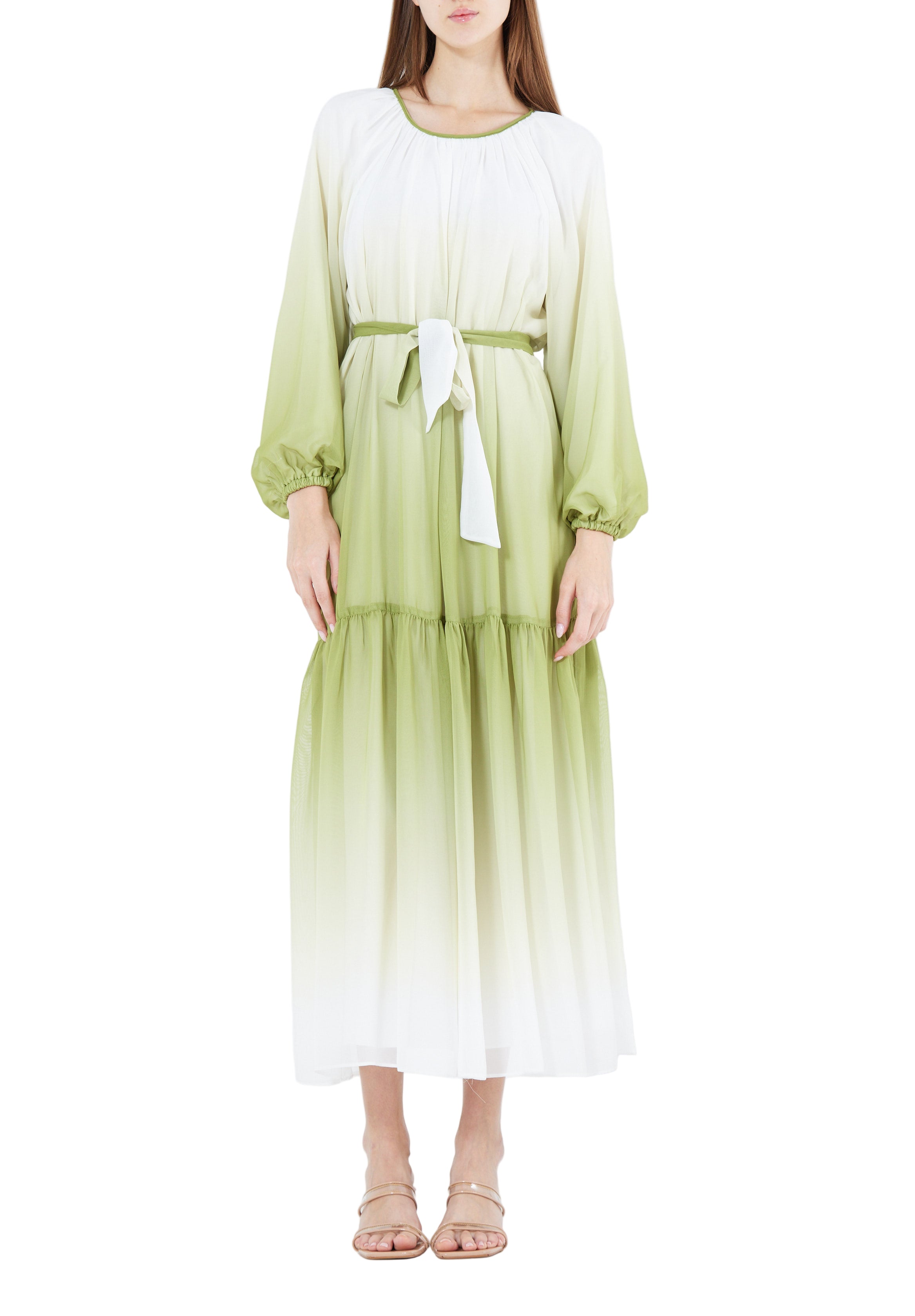 Double Shaded Printed Chiffon Jalabiya With Round Neckline And Long Puff Sleeves