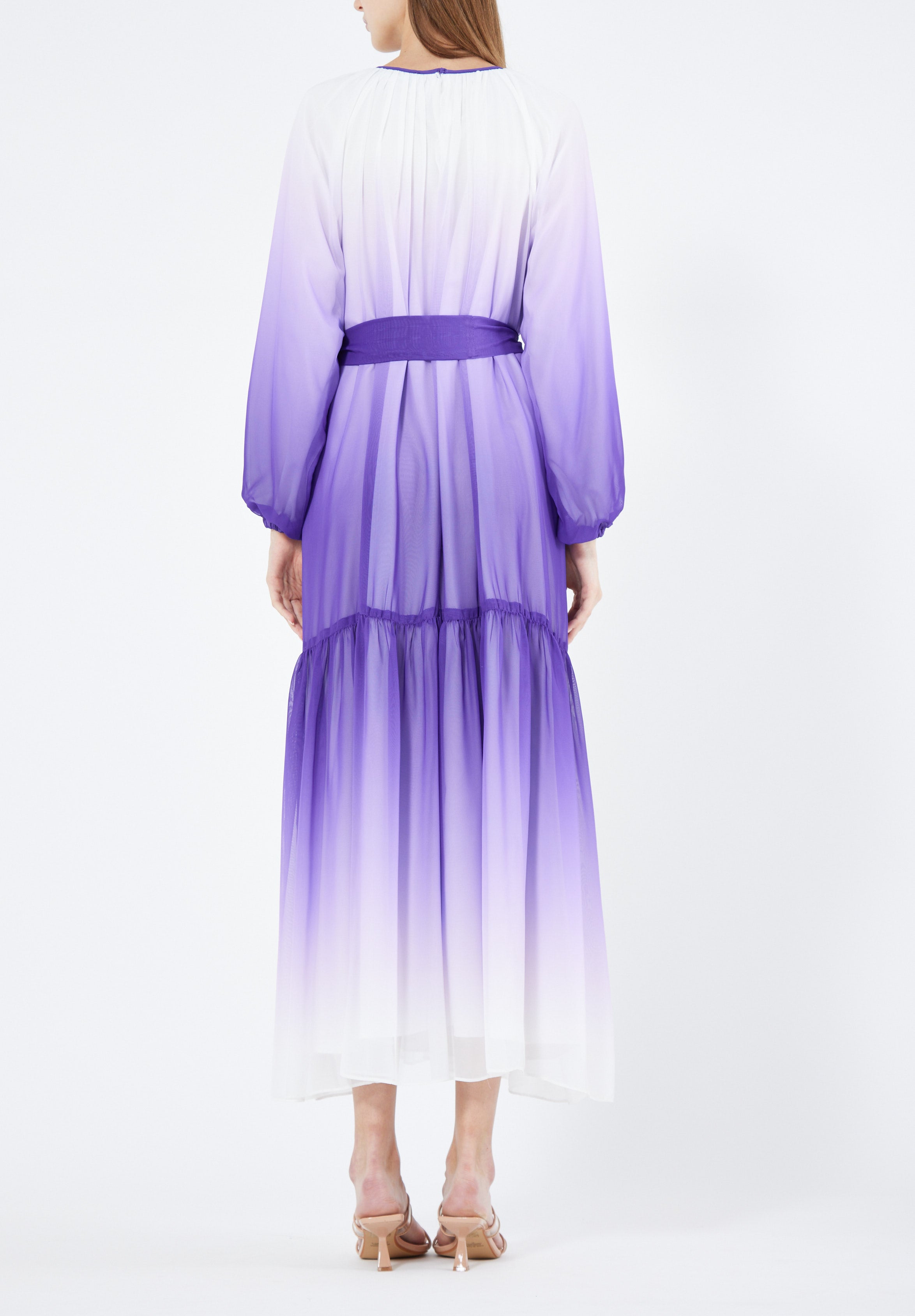 Double Shaded Printed Chiffon Jalabiya With Round Neckline And Long Puff Sleeves