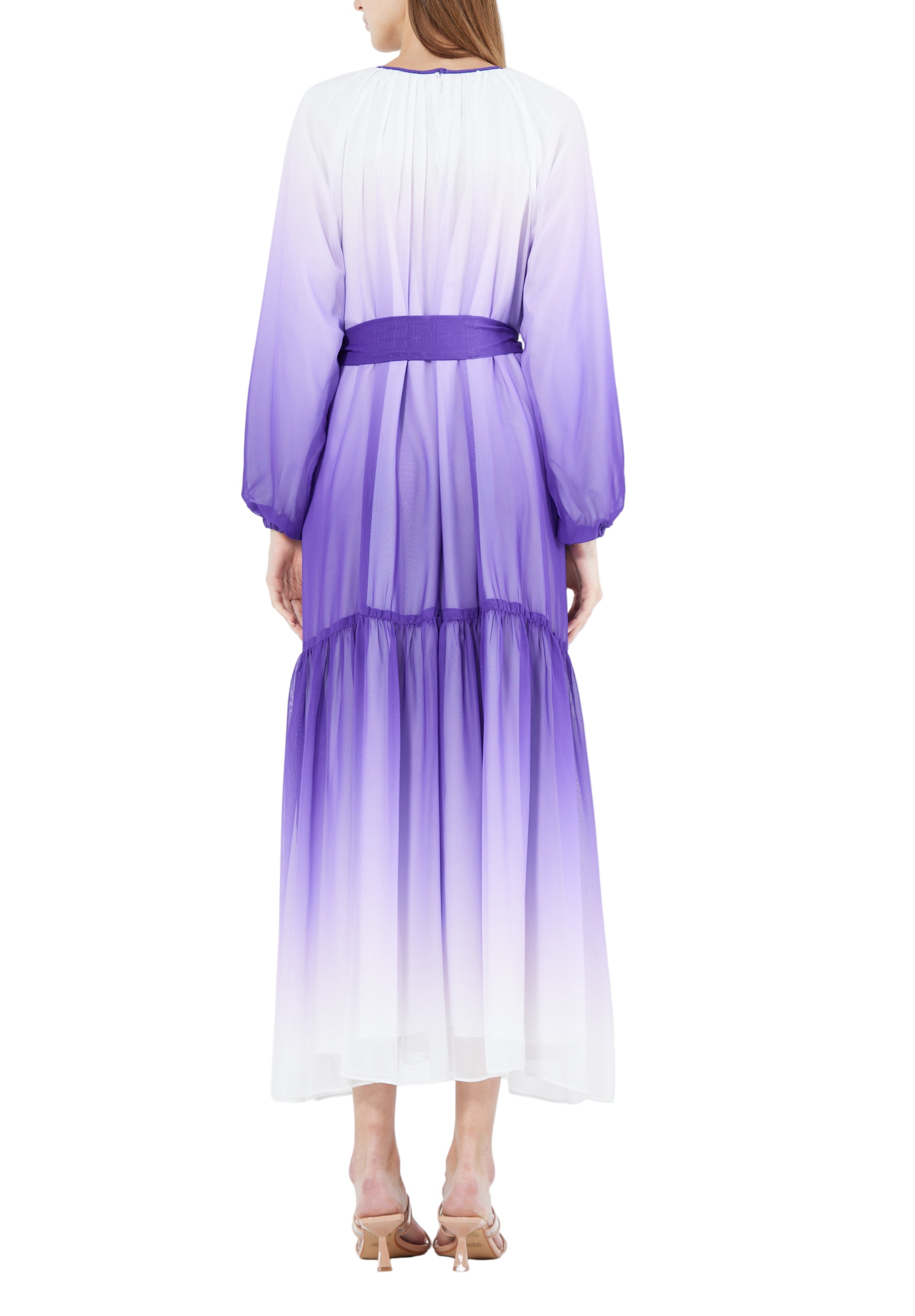 Double Shaded Printed Chiffon Jalabiya With Round Neckline And Long Puff Sleeves