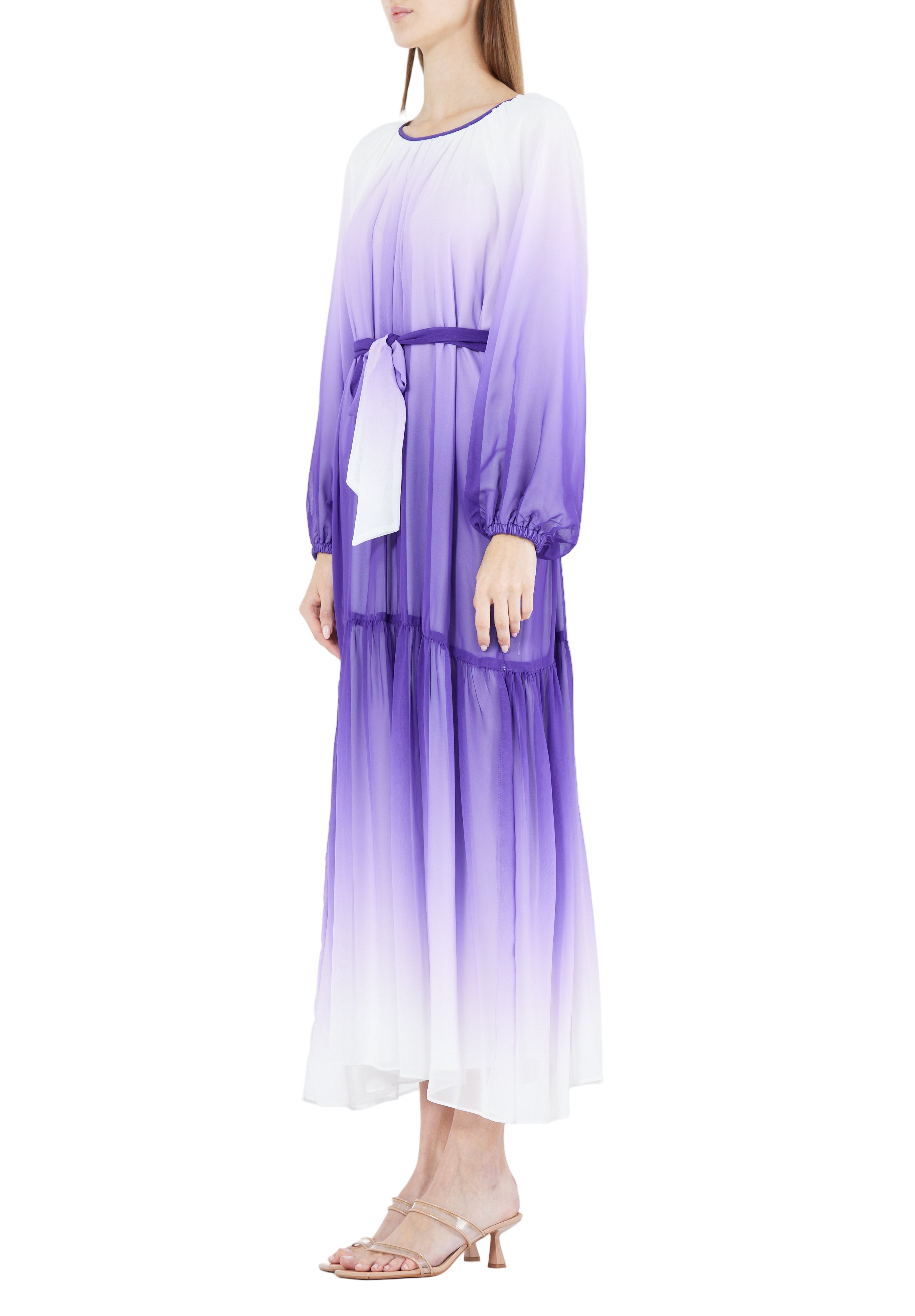 Double Shaded Printed Chiffon Jalabiya With Round Neckline And Long Puff Sleeves