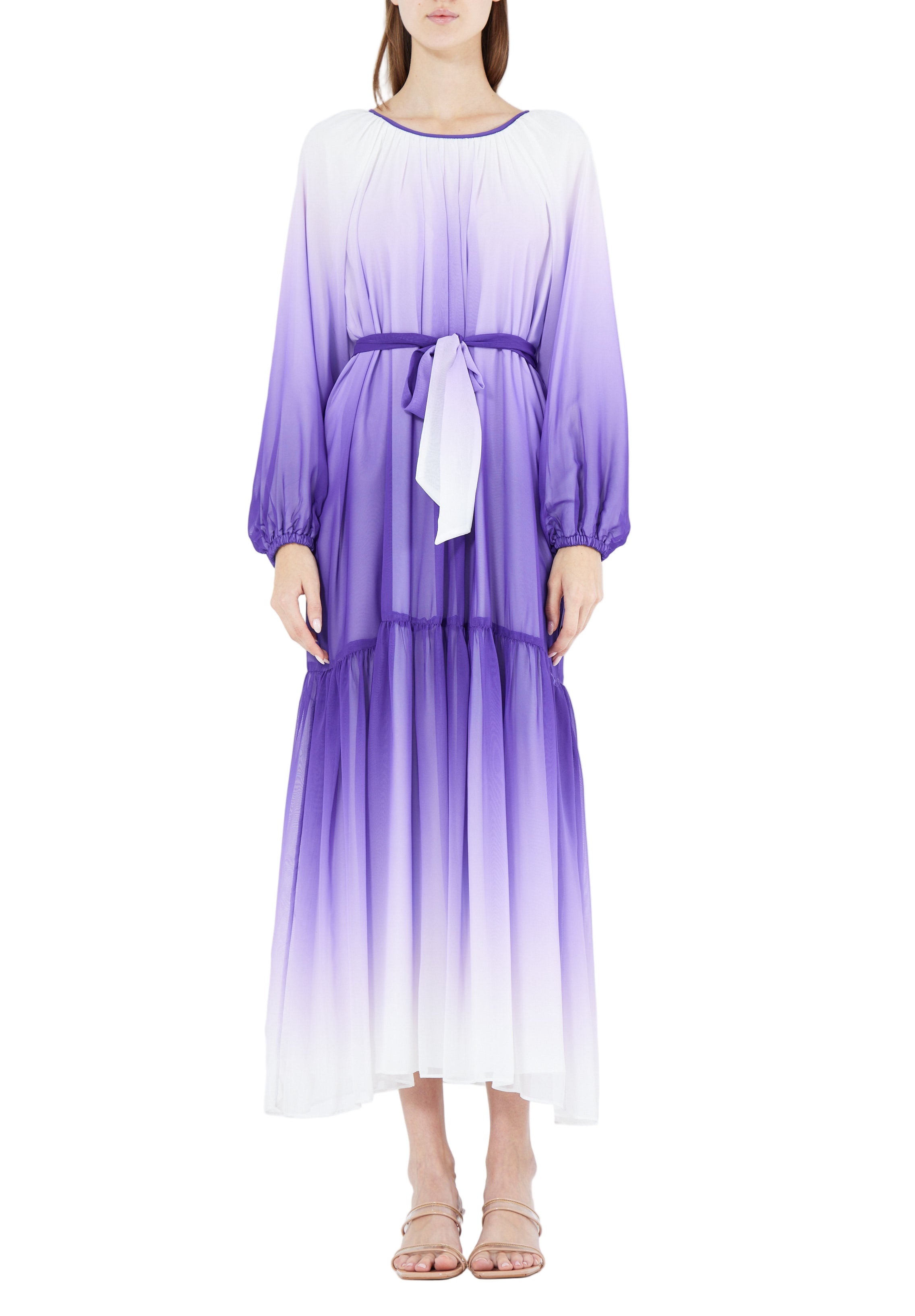 Double Shaded Printed Chiffon Jalabiya With Round Neckline And Long Puff Sleeves