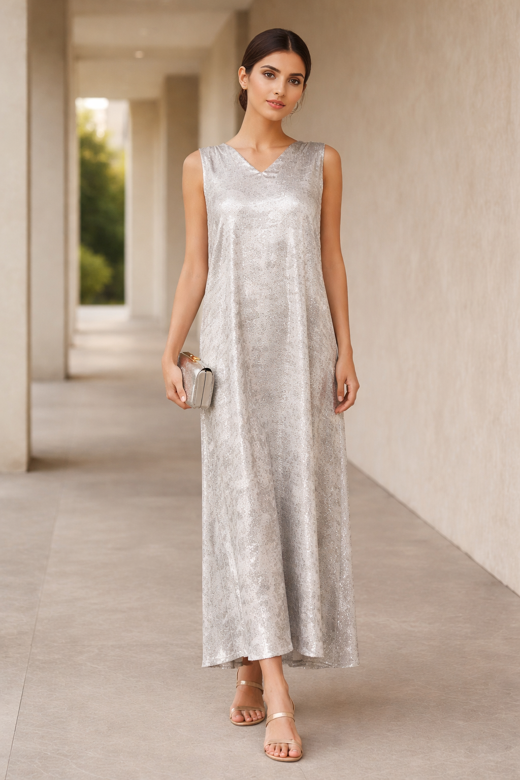 Beautiful Metallic Shaded Loose Fitted Sleeveless Long Dress