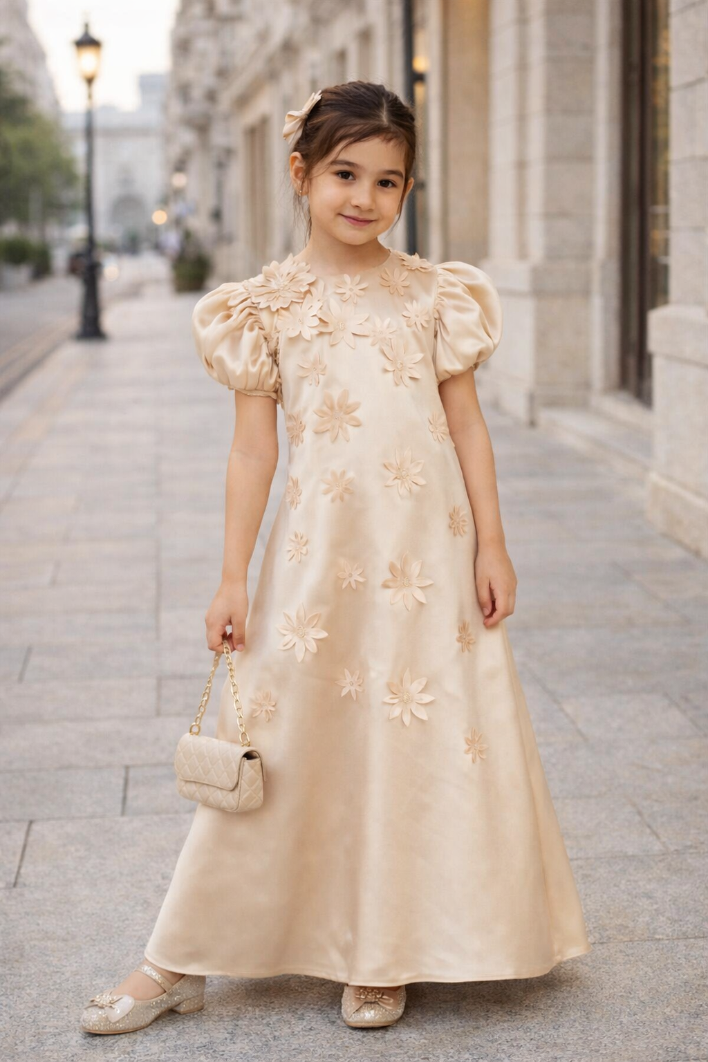 Floral Appliqué Puff Sleeve Dress