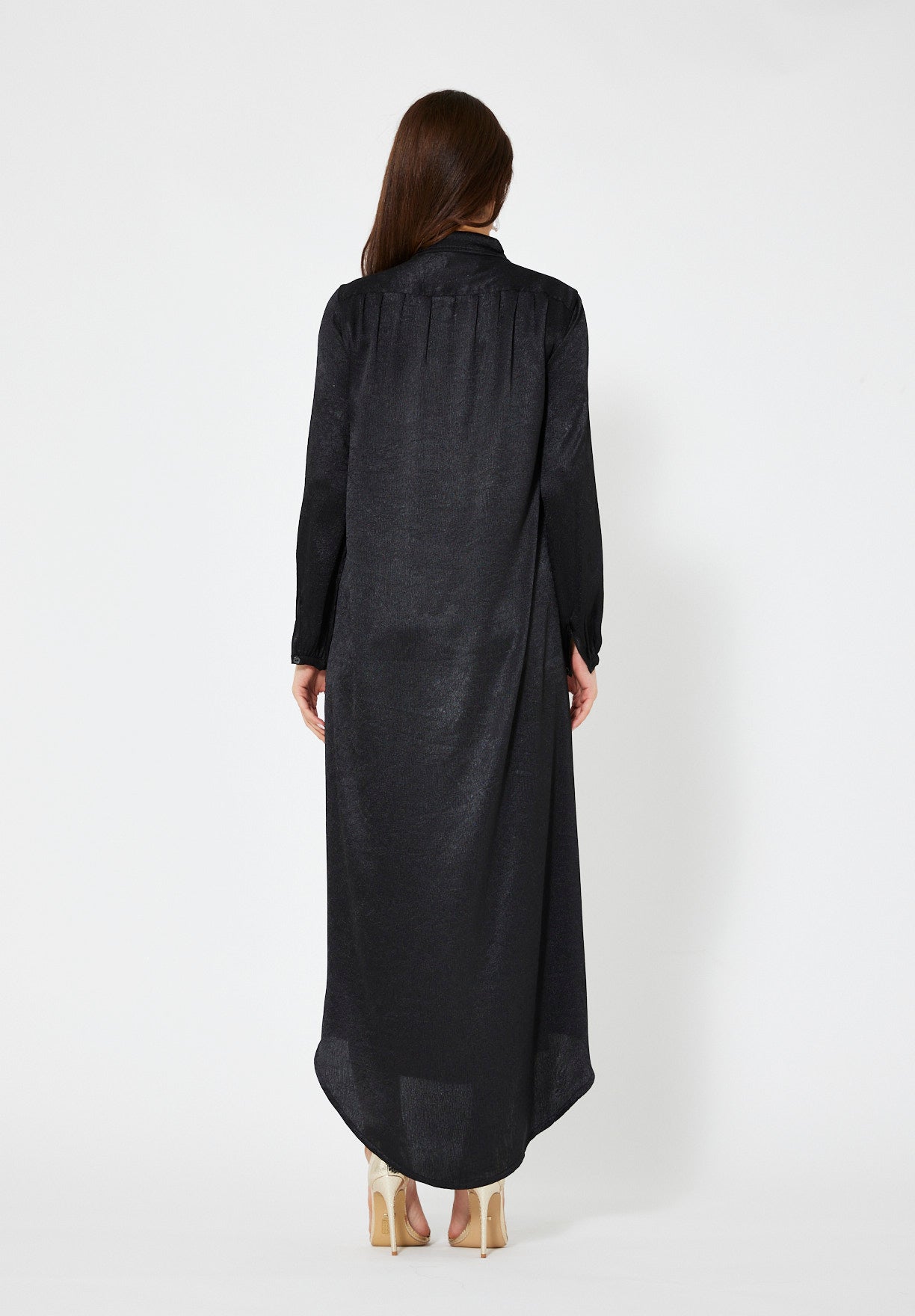 Shimmer Shirt Dress With High-Low Hemline In Crinkle Satin