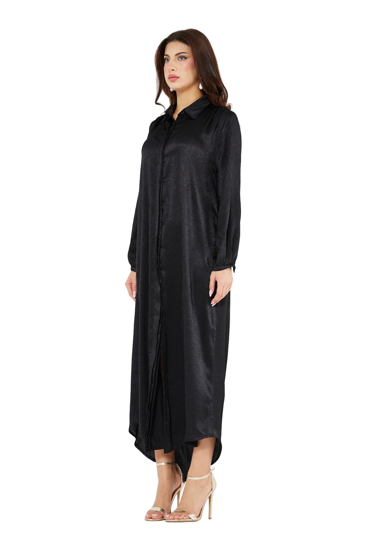 Shimmer Shirt Dress With High-Low Hemline In Crinkle Satin