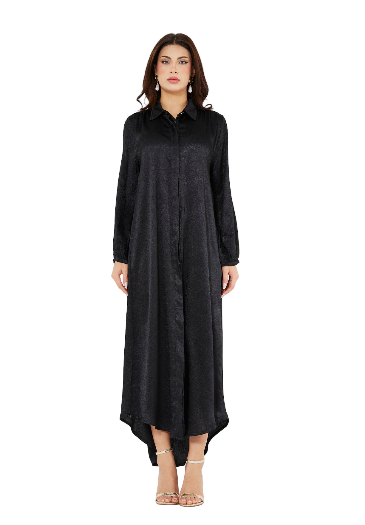Shimmer Shirt Dress With High-Low Hemline In Crinkle Satin