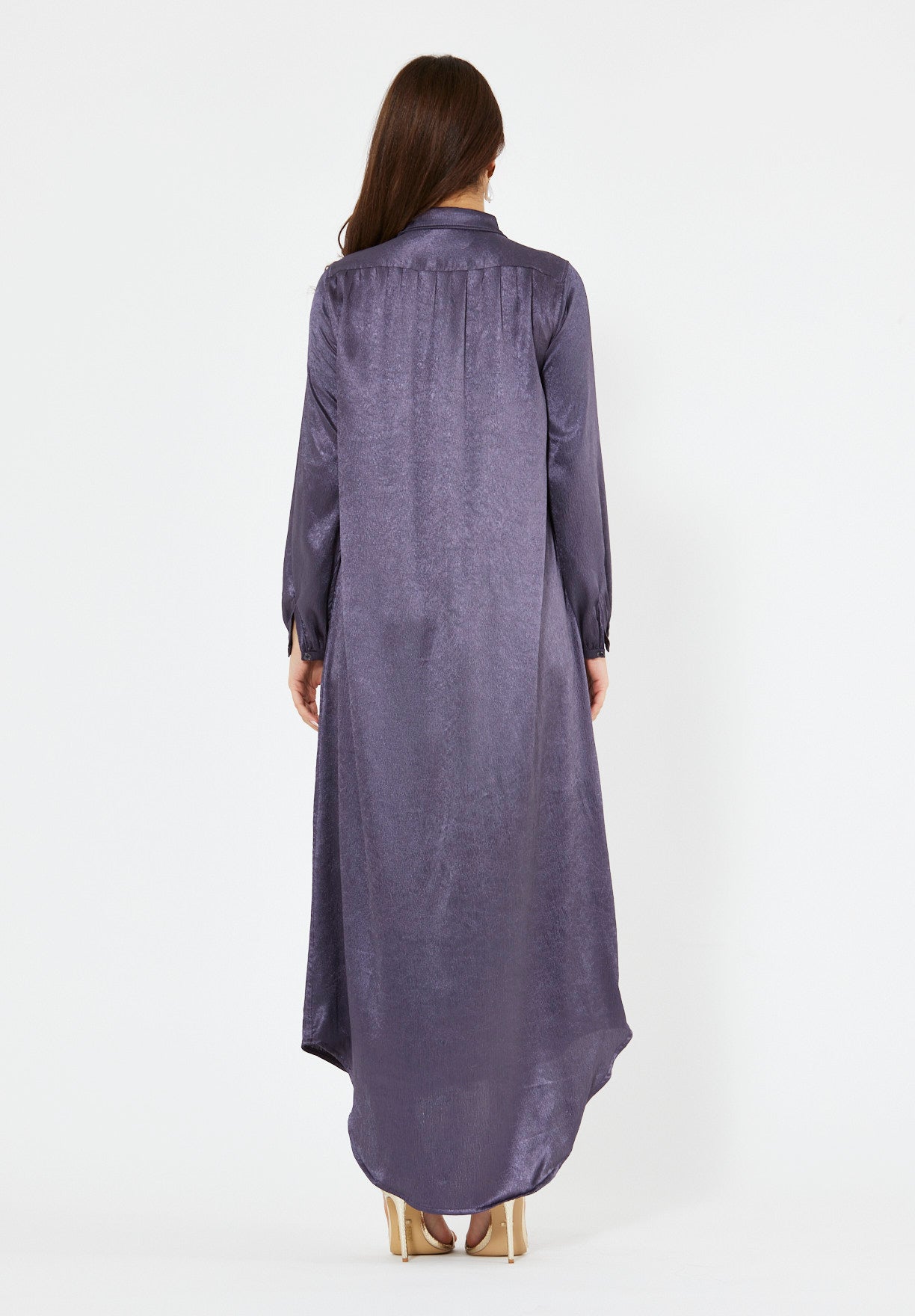 Shimmer Shirt Dress With High-Low Hemline In Crinkle Satin