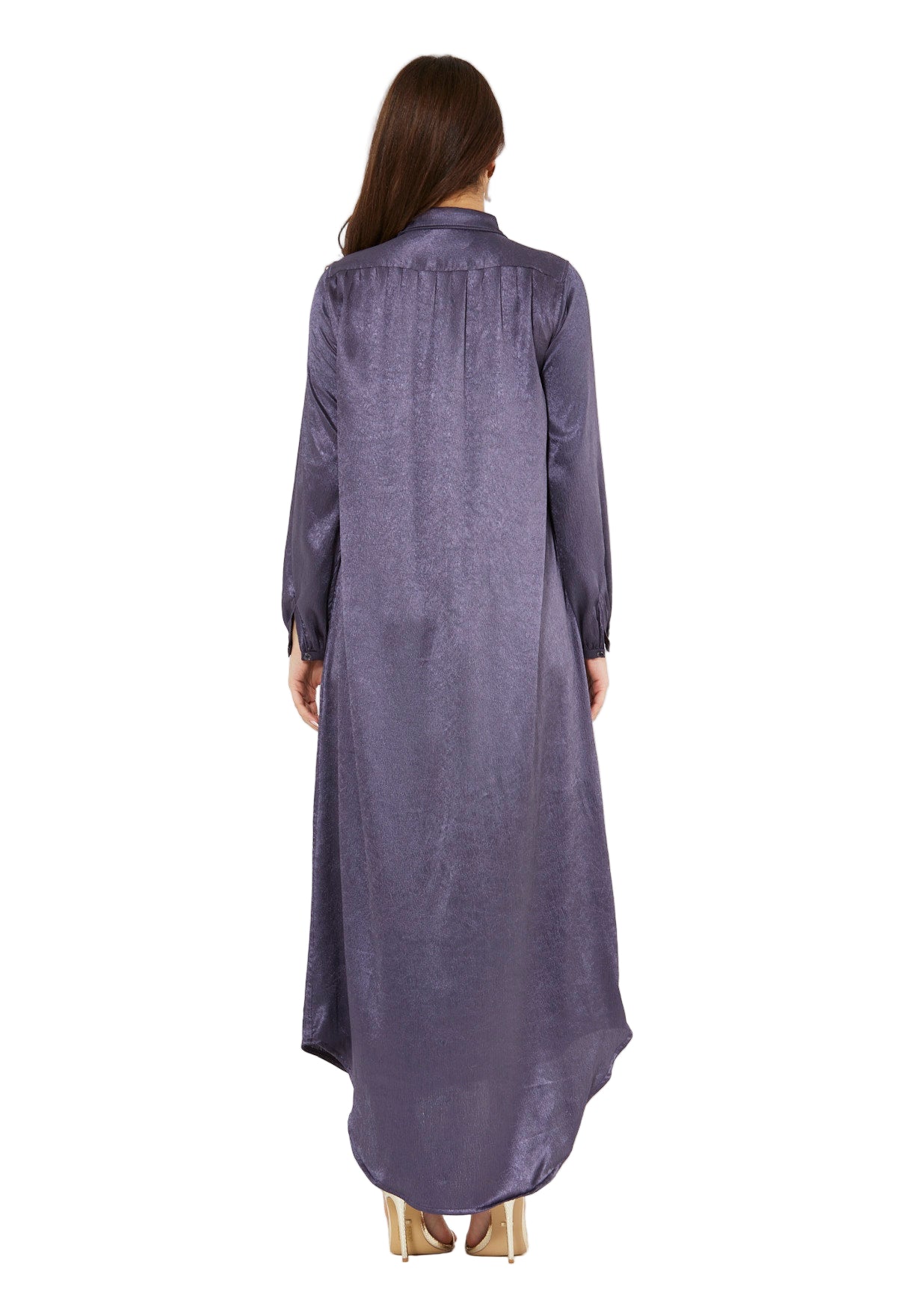 Shimmer Shirt Dress With High-Low Hemline In Crinkle Satin