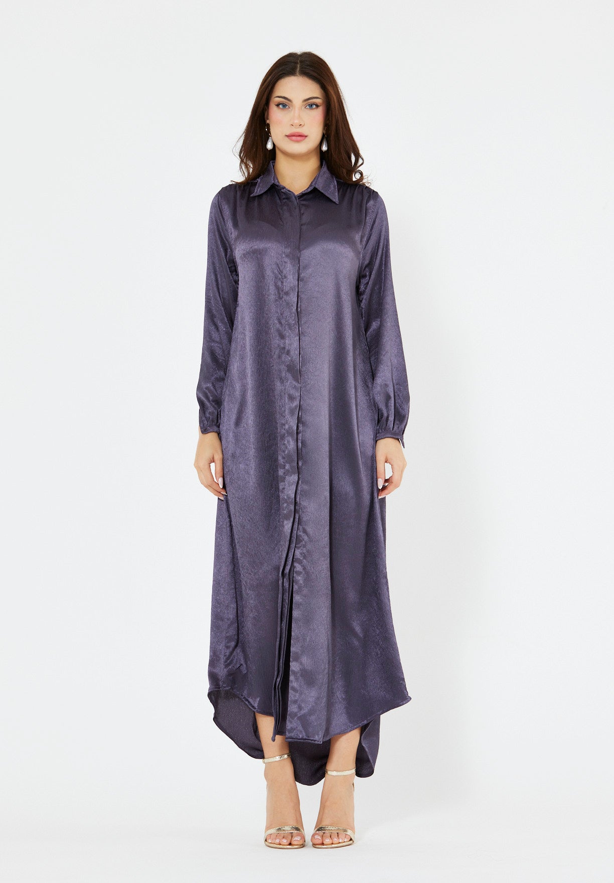 Shimmer Shirt Dress With High-Low Hemline In Crinkle Satin