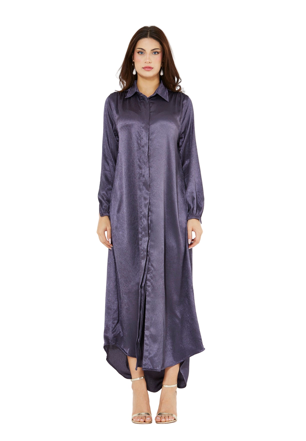 Shimmer Shirt Dress With High-Low Hemline In Crinkle Satin