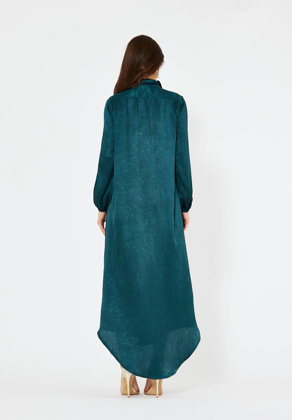 Shimmer Shirt Dress With High-Low Hemline In Crinkle Satin