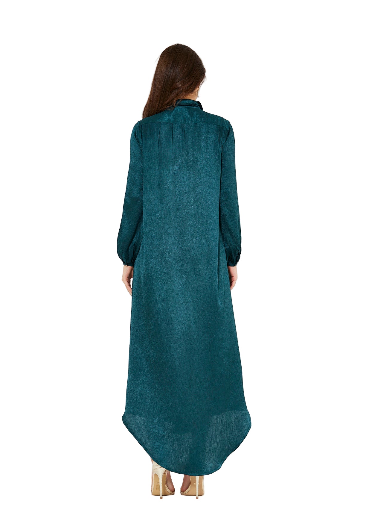 Shimmer Shirt Dress With High-Low Hemline In Crinkle Satin