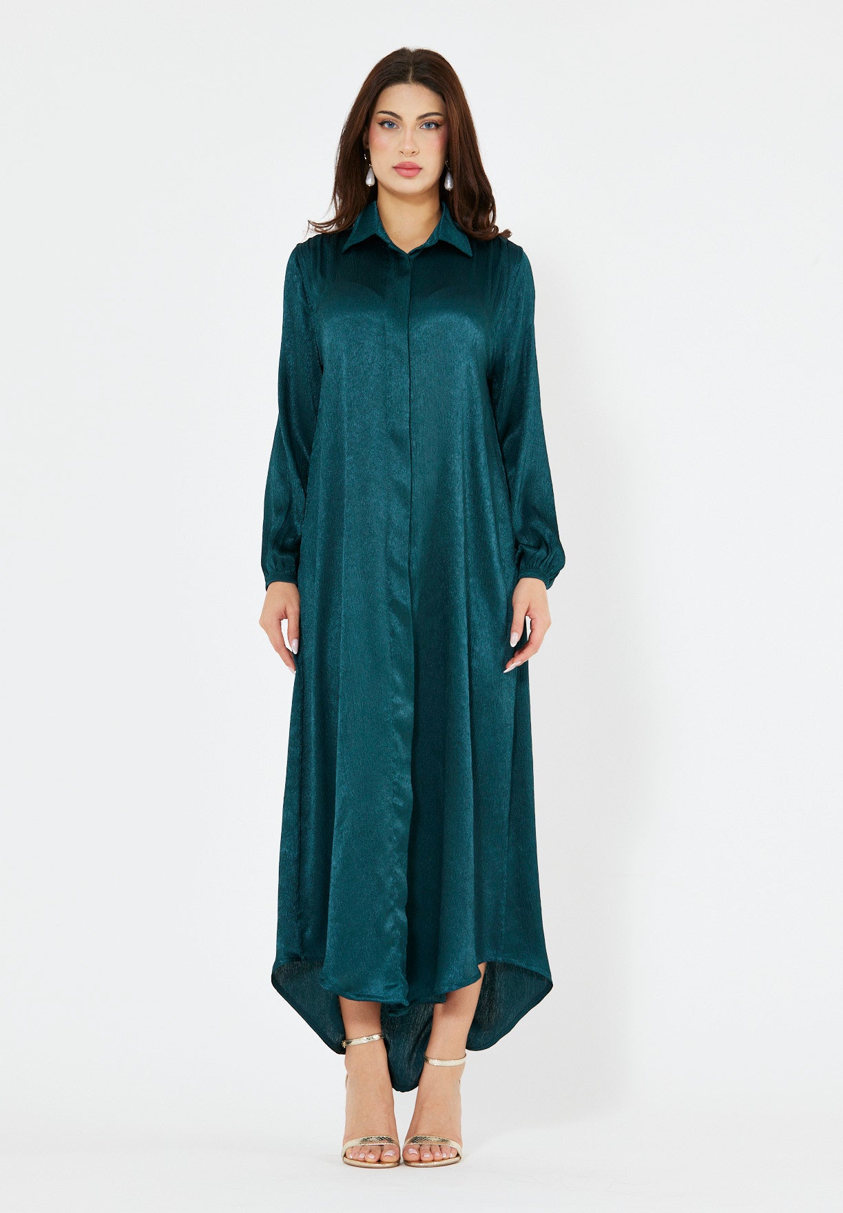 Shimmer Shirt Dress With High-Low Hemline In Crinkle Satin