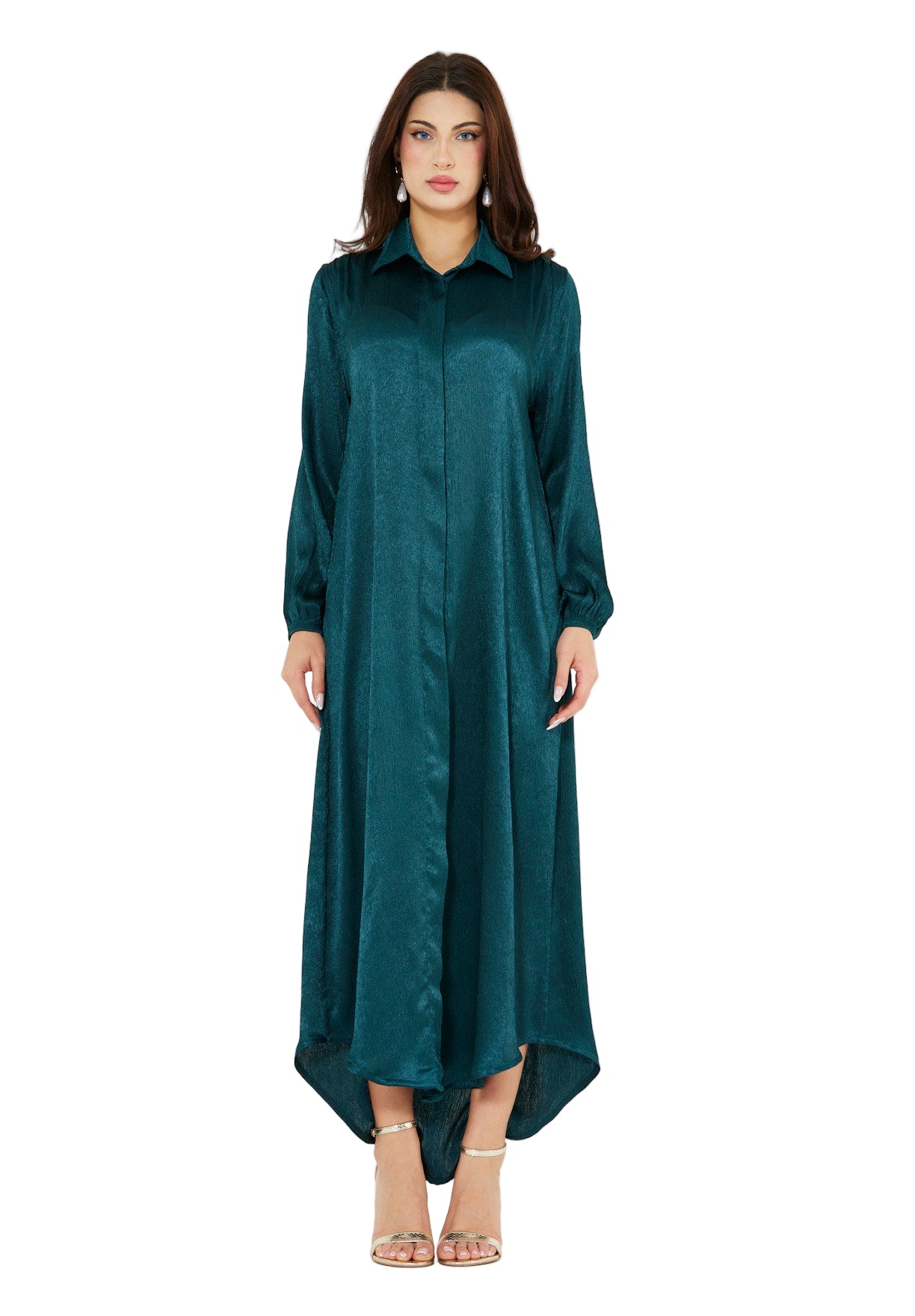 Shimmer Shirt Dress With High-Low Hemline In Crinkle Satin