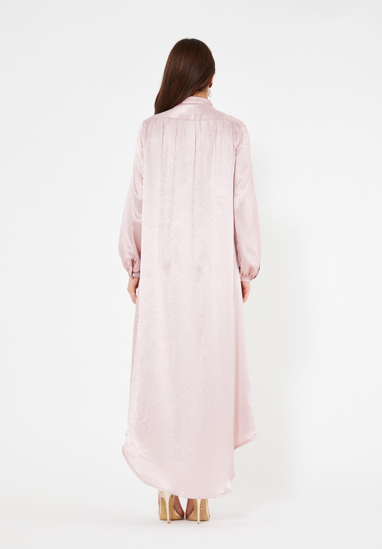 Shimmer Shirt Dress With High-Low Hemline In Crinkle Satin