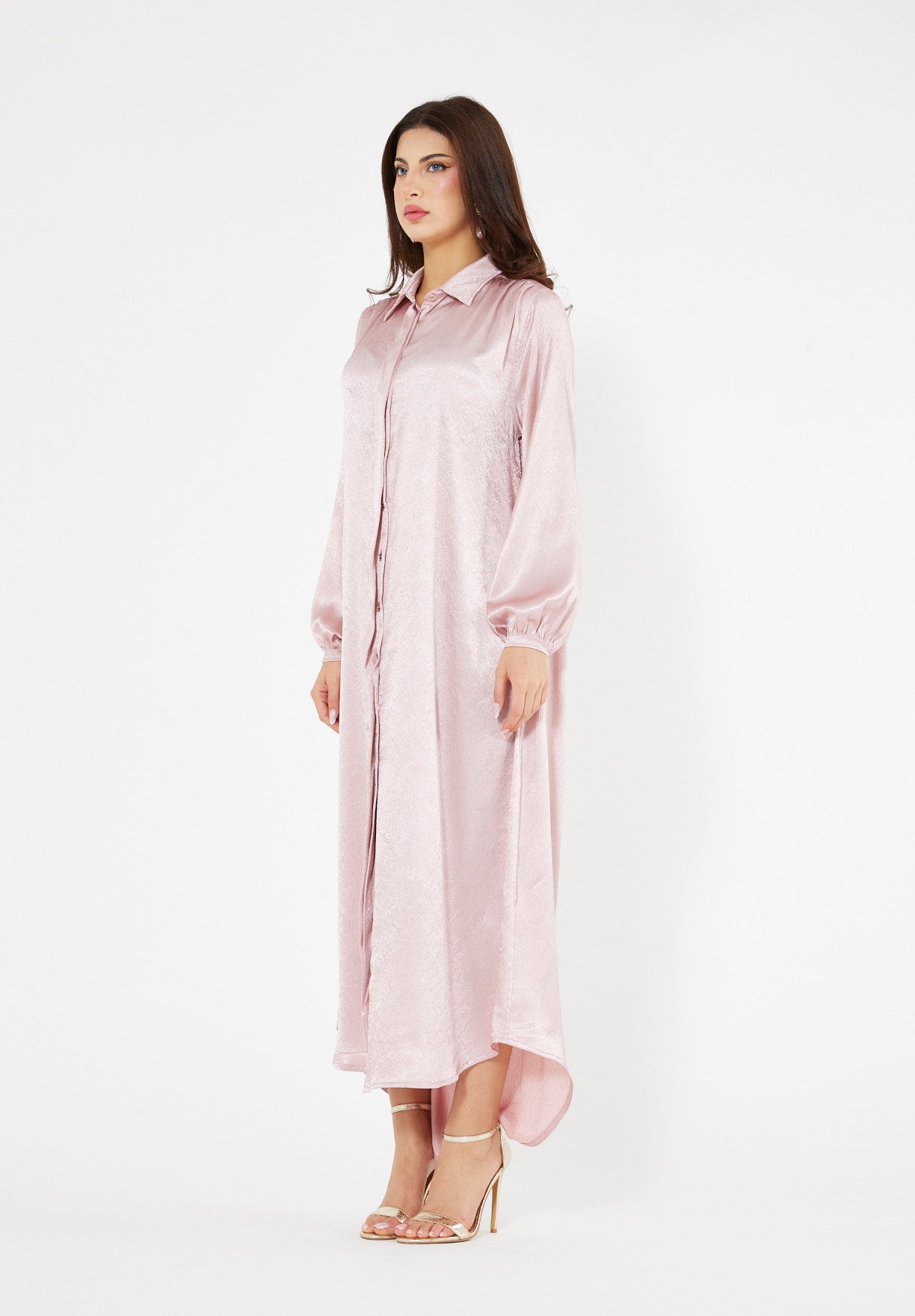 Shimmer Shirt Dress With High-Low Hemline In Crinkle Satin