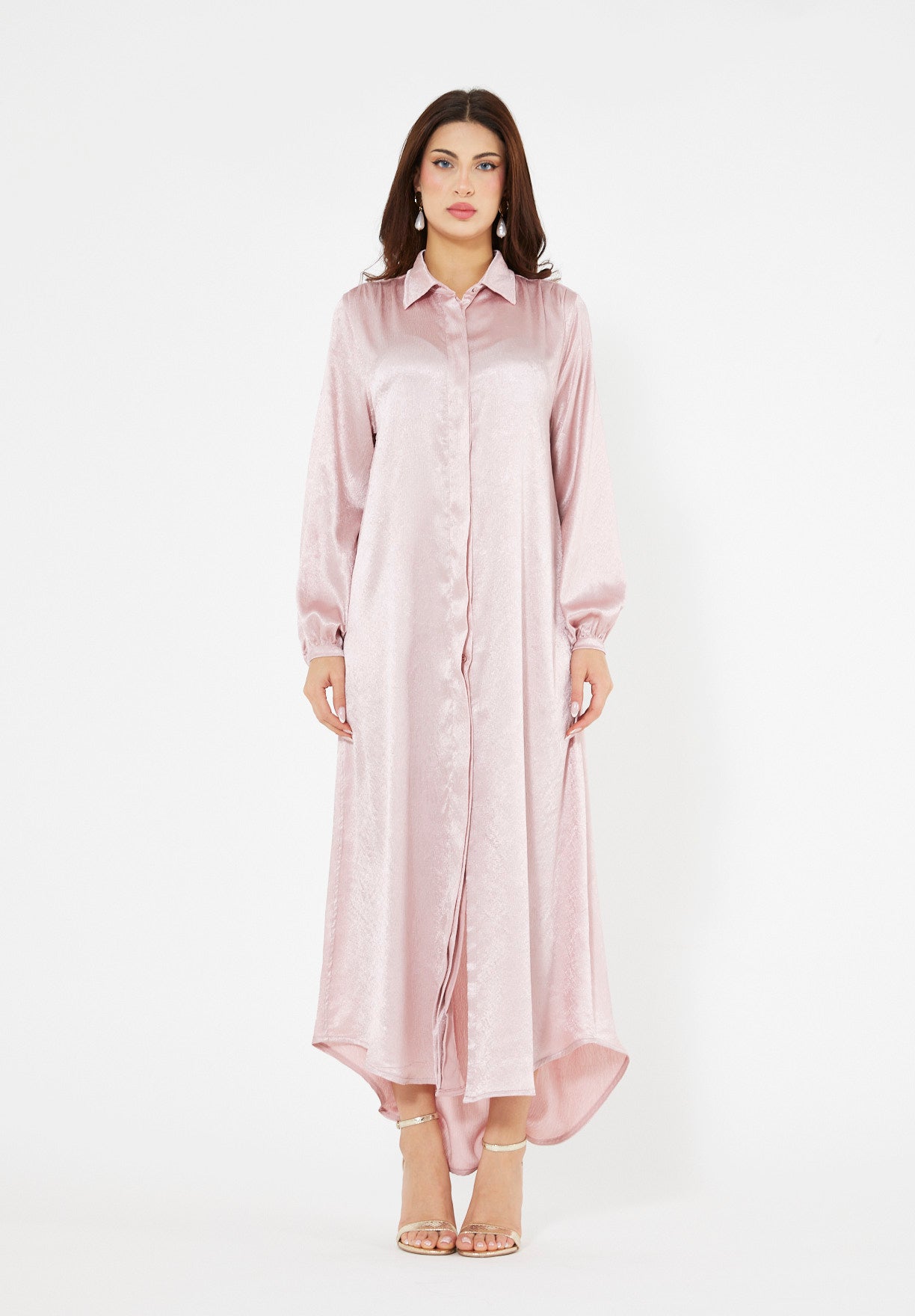 Shimmer Shirt Dress With High-Low Hemline In Crinkle Satin