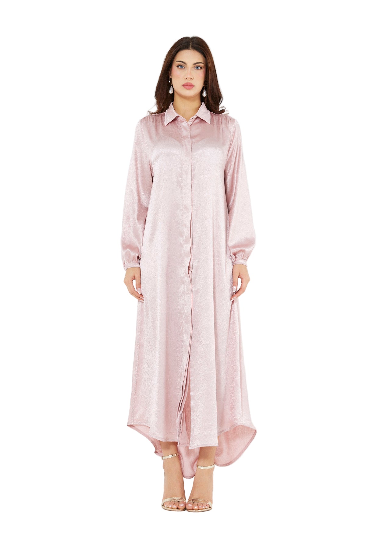 Shimmer Shirt Dress With High-Low Hemline In Crinkle Satin