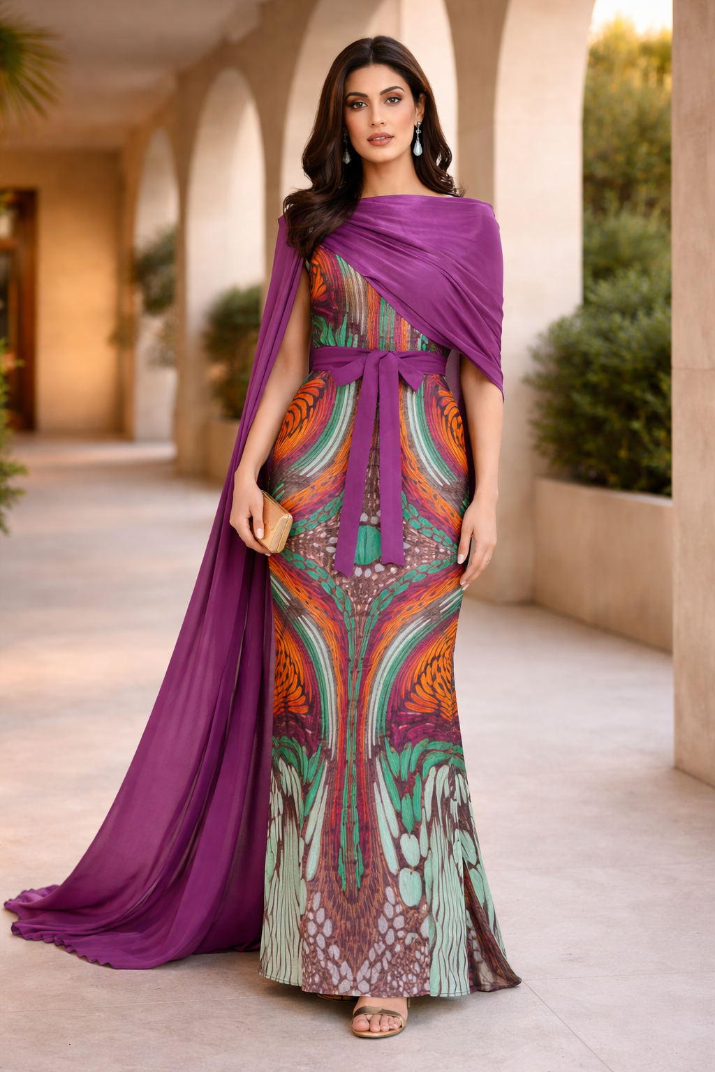 Draped Cape Overlay Jacquard Gown