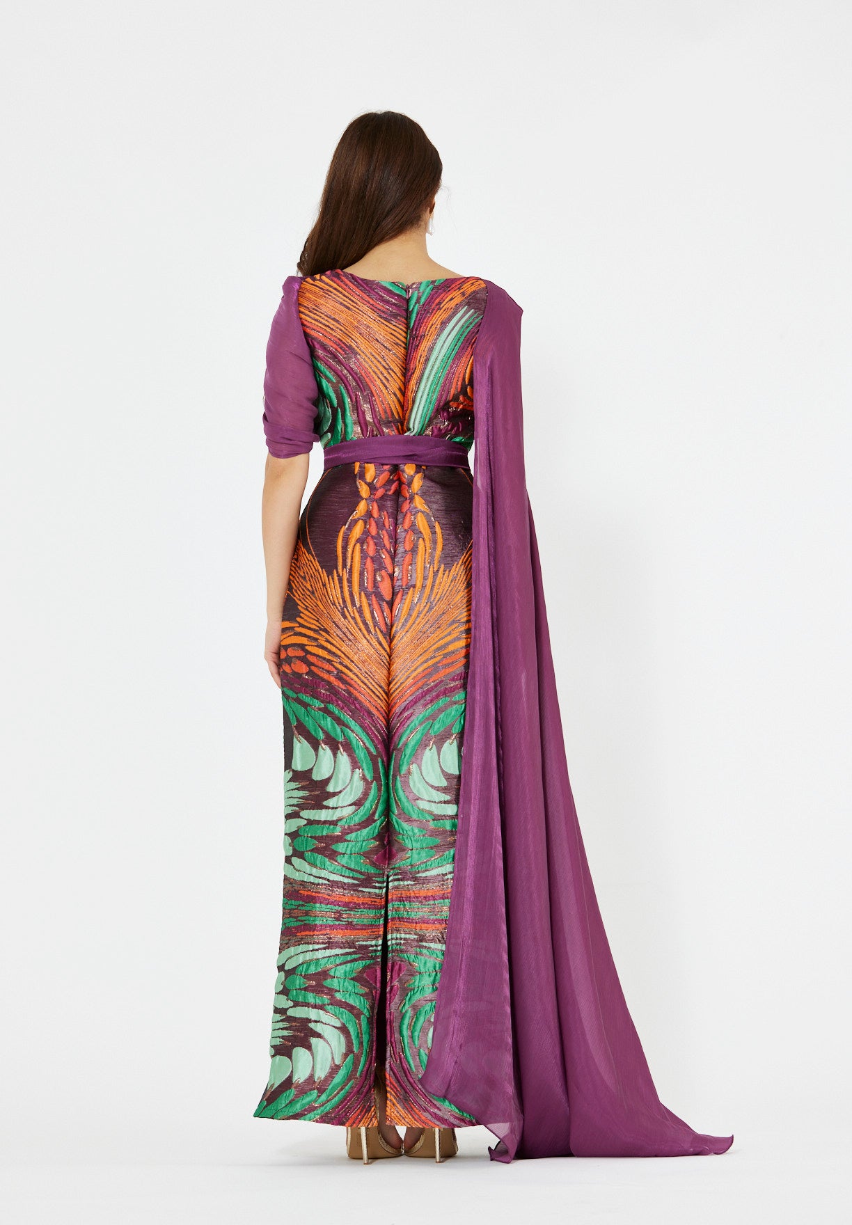 Draped Cape Overlay Jacquard Gown