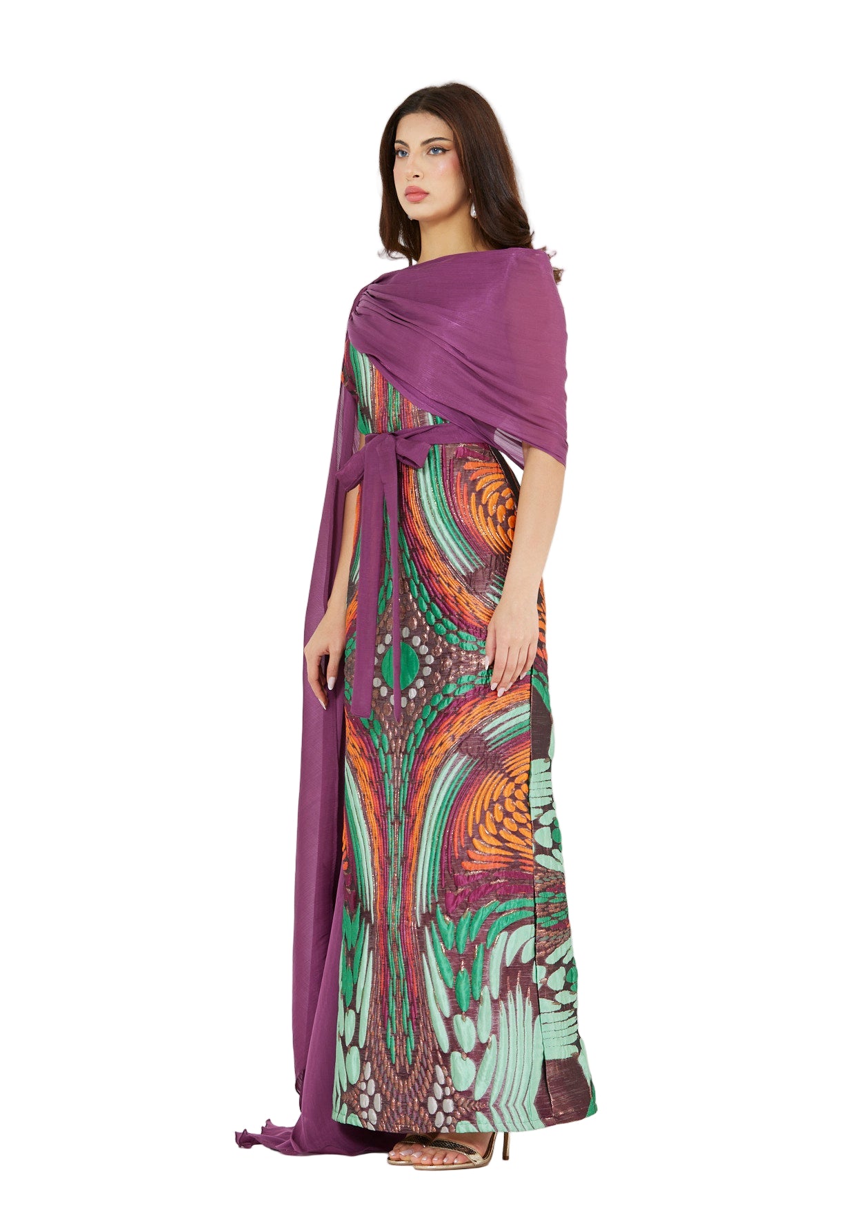 Draped Cape Overlay Jacquard Gown