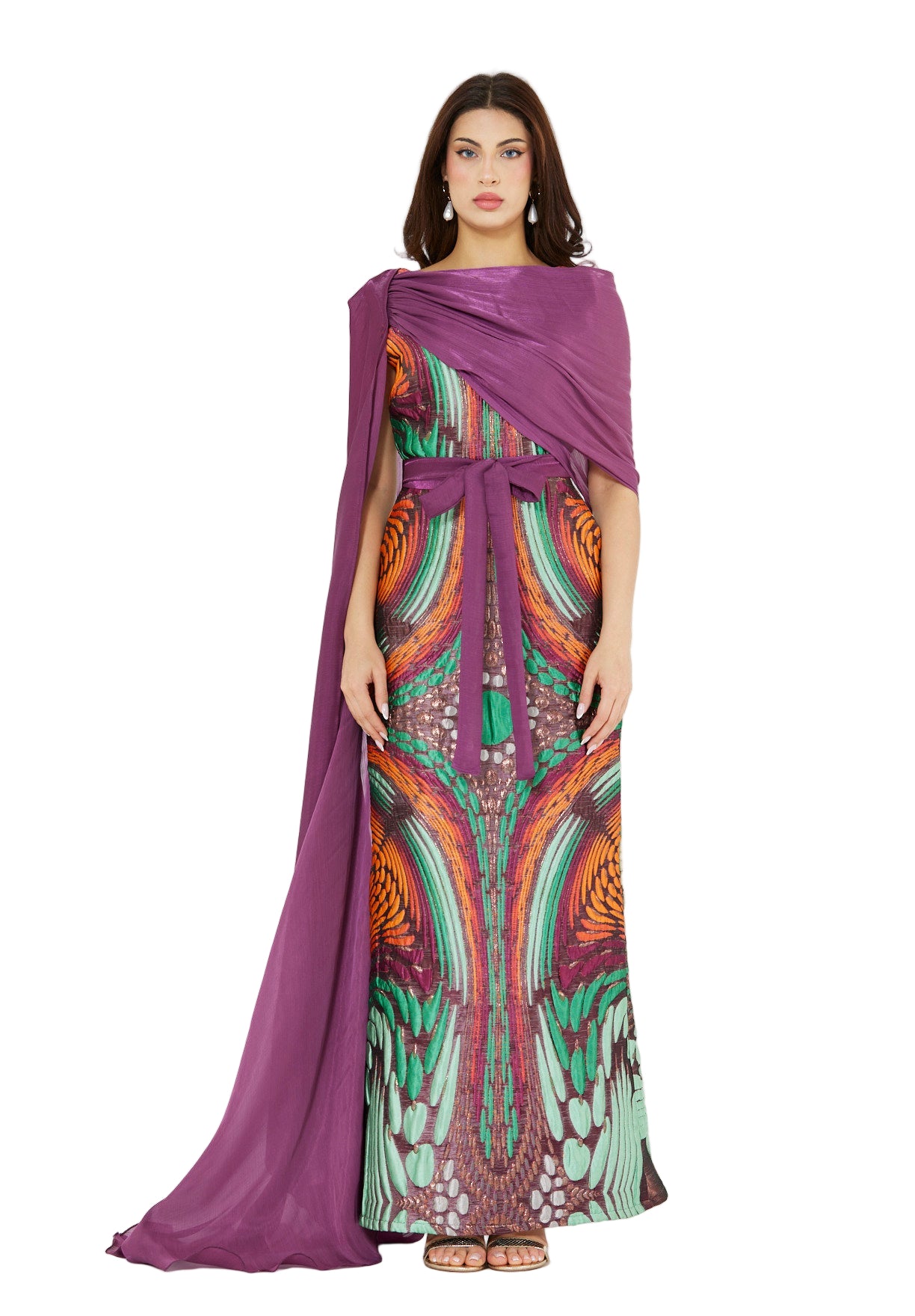 Draped Cape Overlay Jacquard Gown
