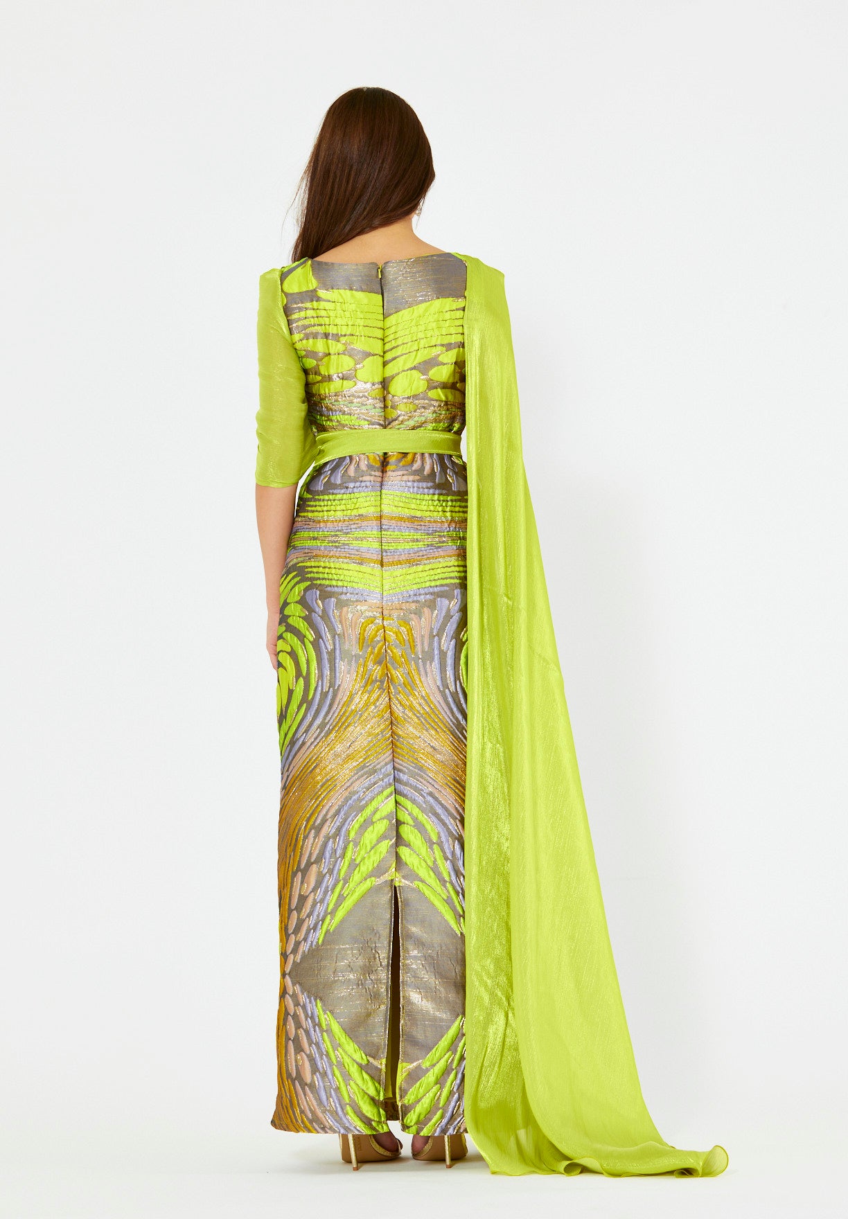 Draped Cape Overlay Jacquard Gown