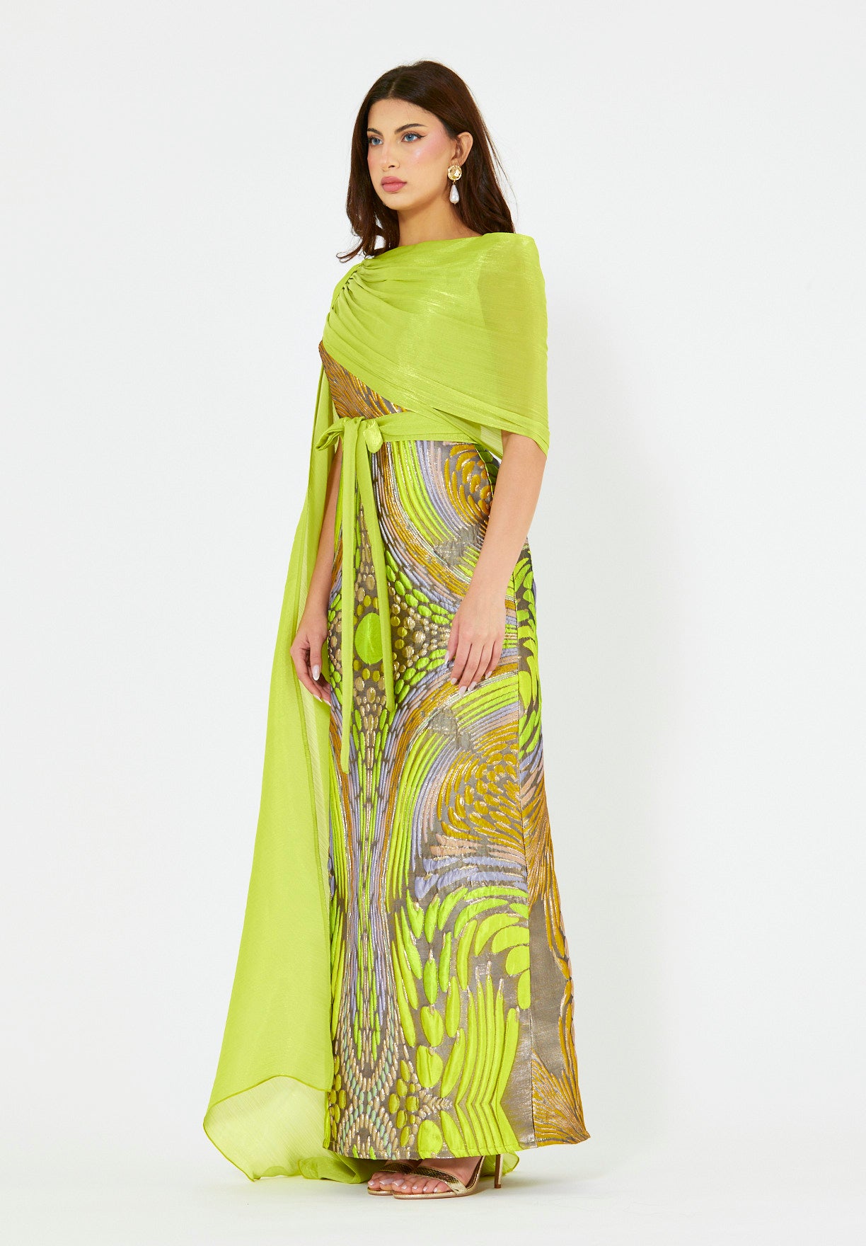 Draped Cape Overlay Jacquard Gown
