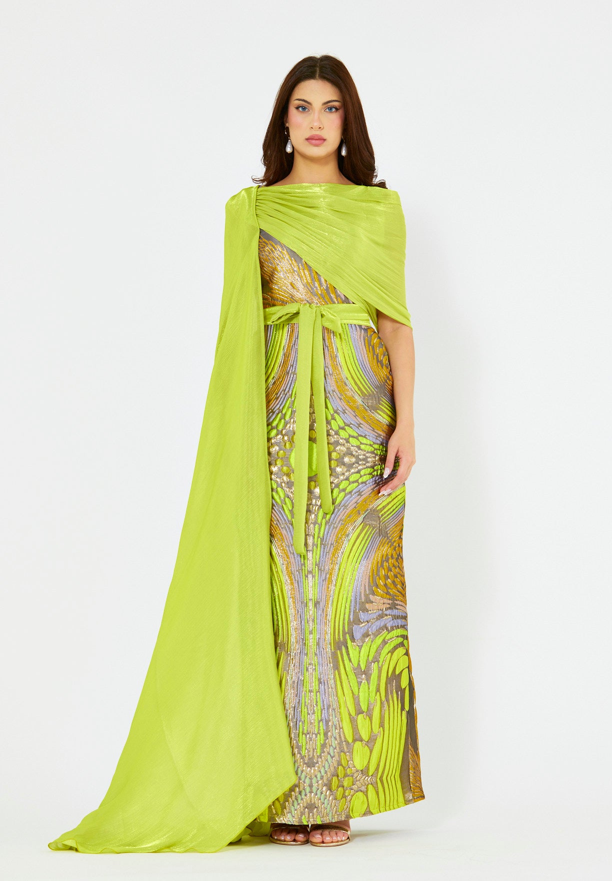 Draped Cape Overlay Jacquard Gown