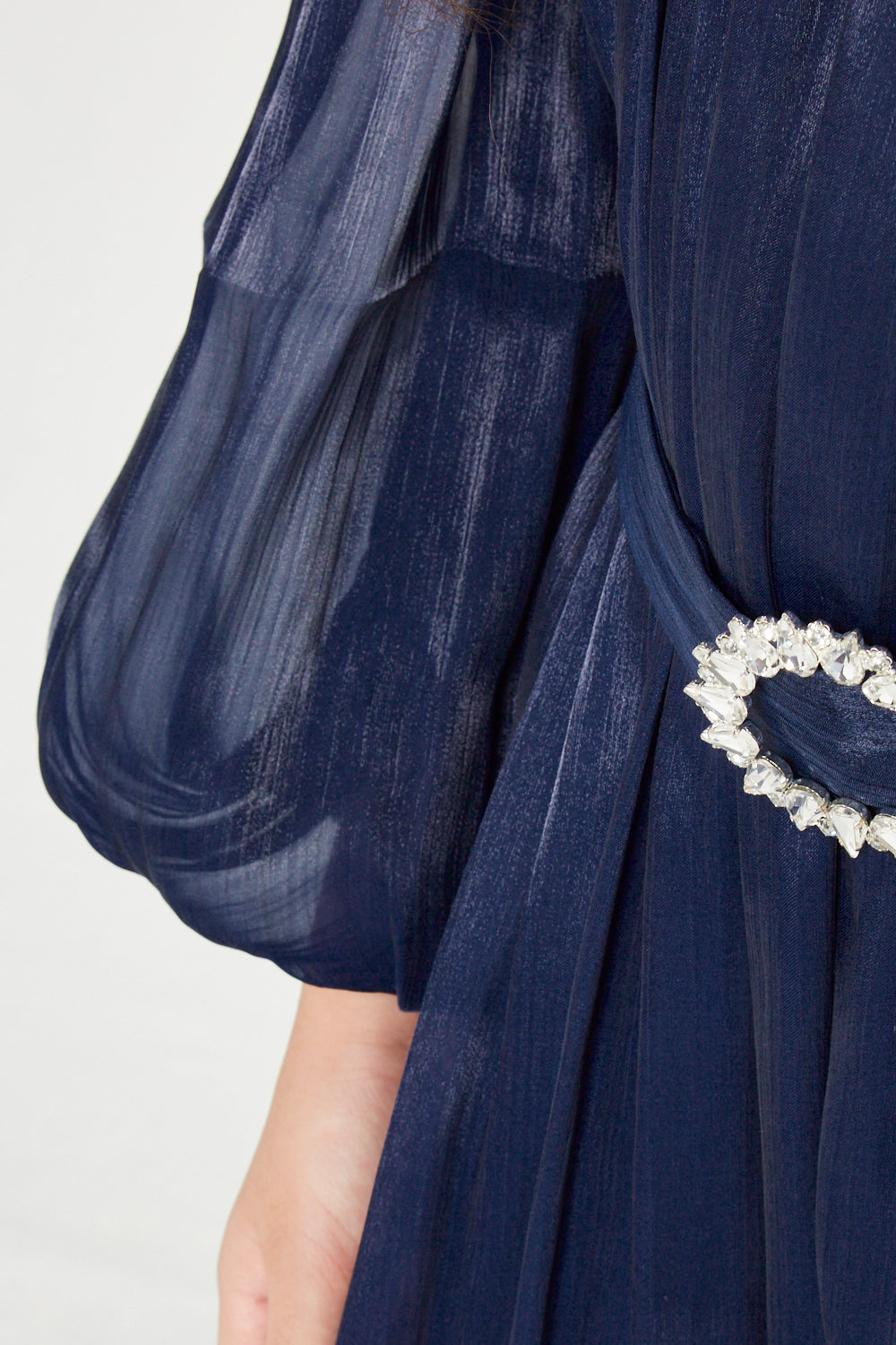 Pleated Shimmer Long-Sleeve Party Gown