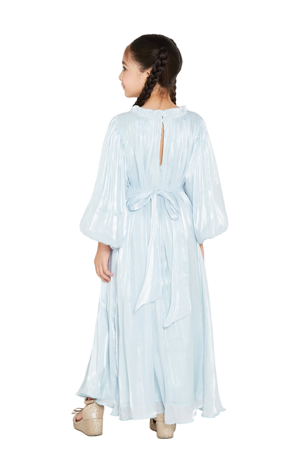 Pleated Shimmer Long-Sleeve Party Gown