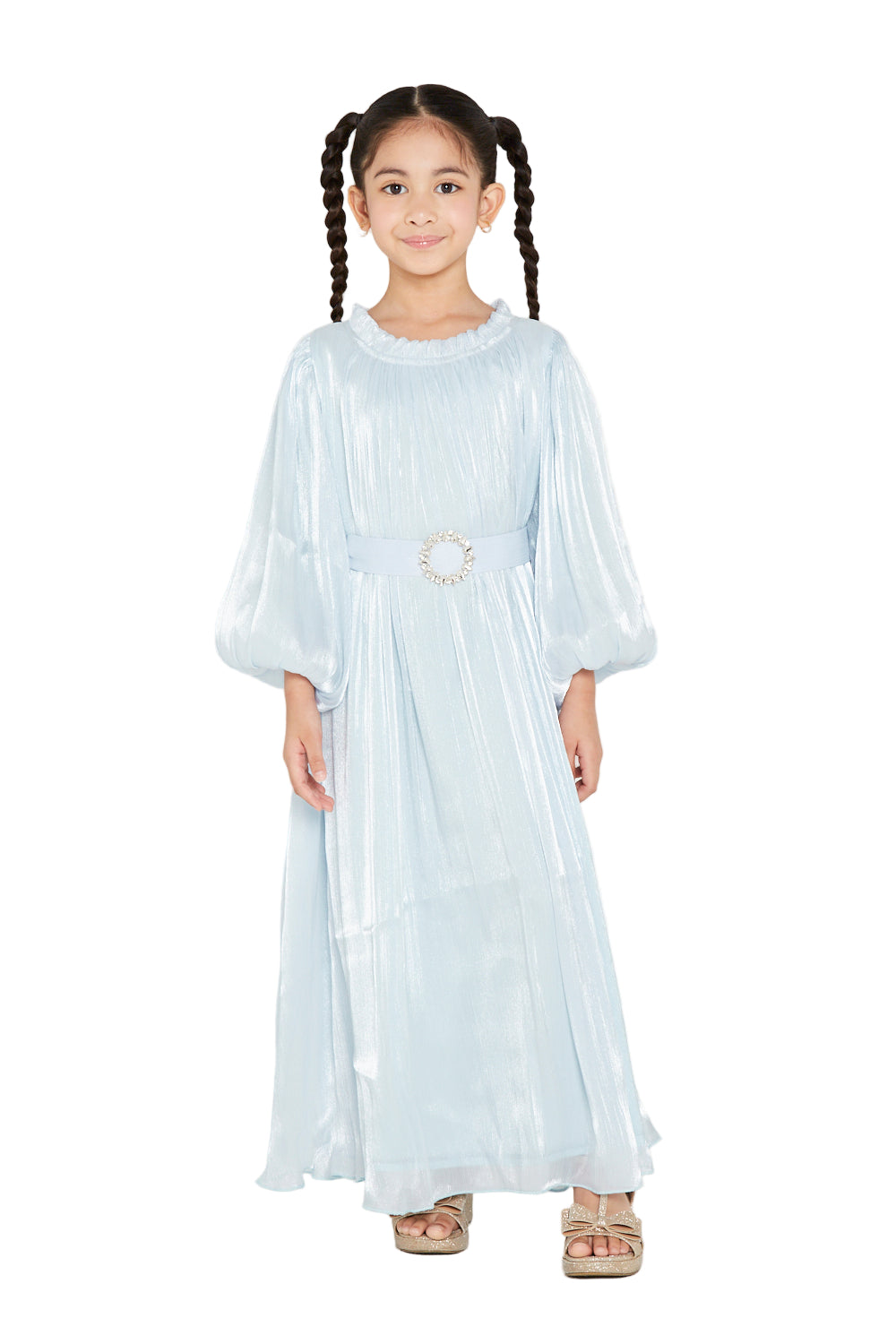 Pleated Shimmer Long-Sleeve Party Gown