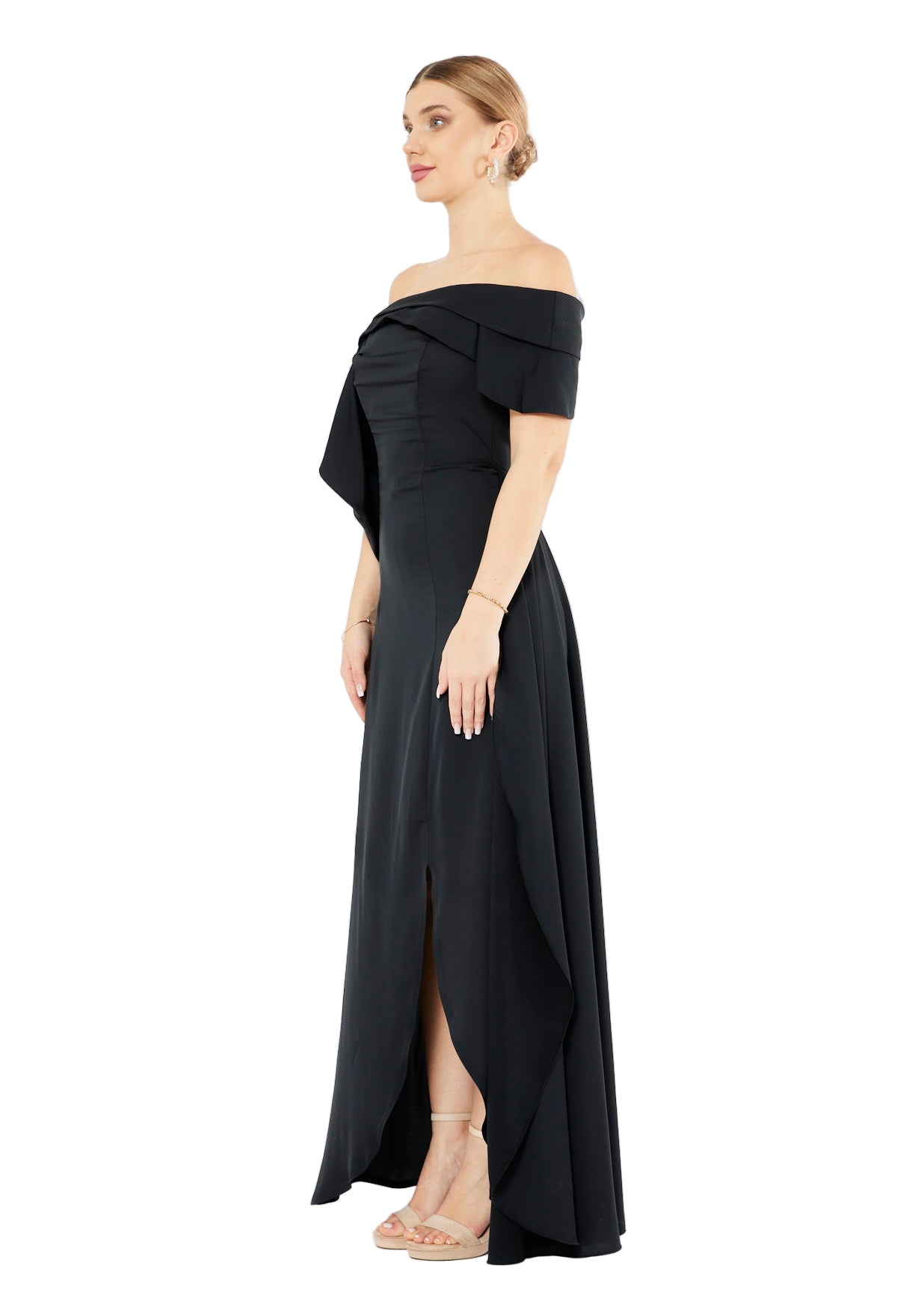 Foldover Neckline Draped Crepe Gown