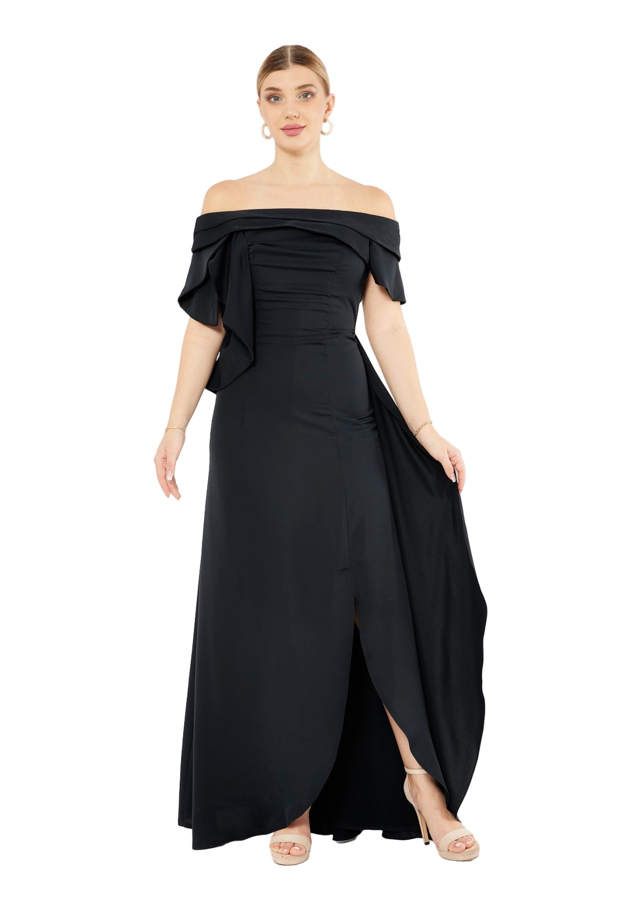 Foldover Neckline Draped Crepe Gown