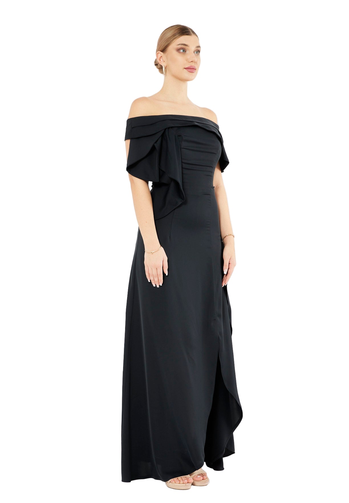 Foldover Neckline Draped Crepe Gown