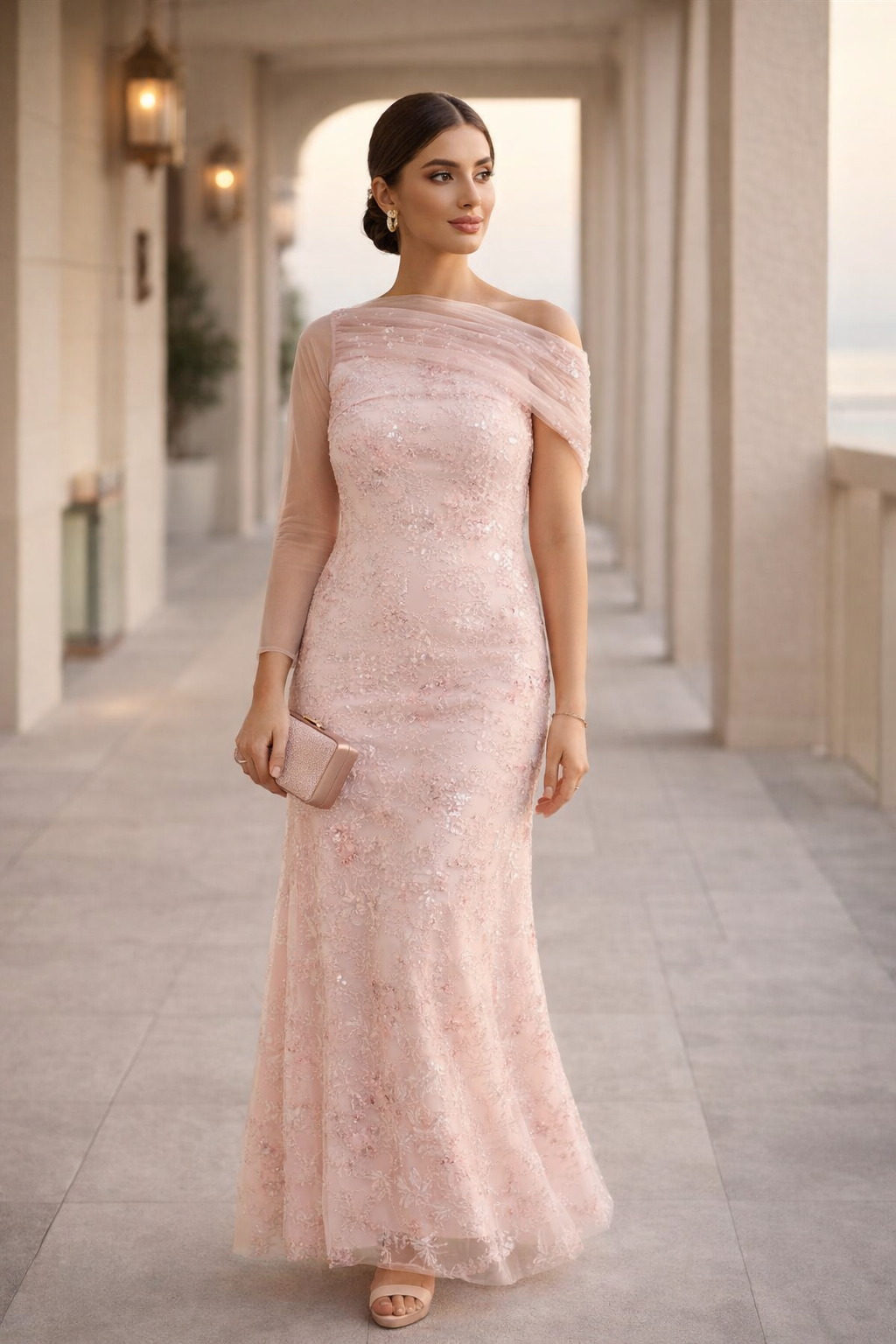 Sequin Mesh One-Shoulder Evening Gown