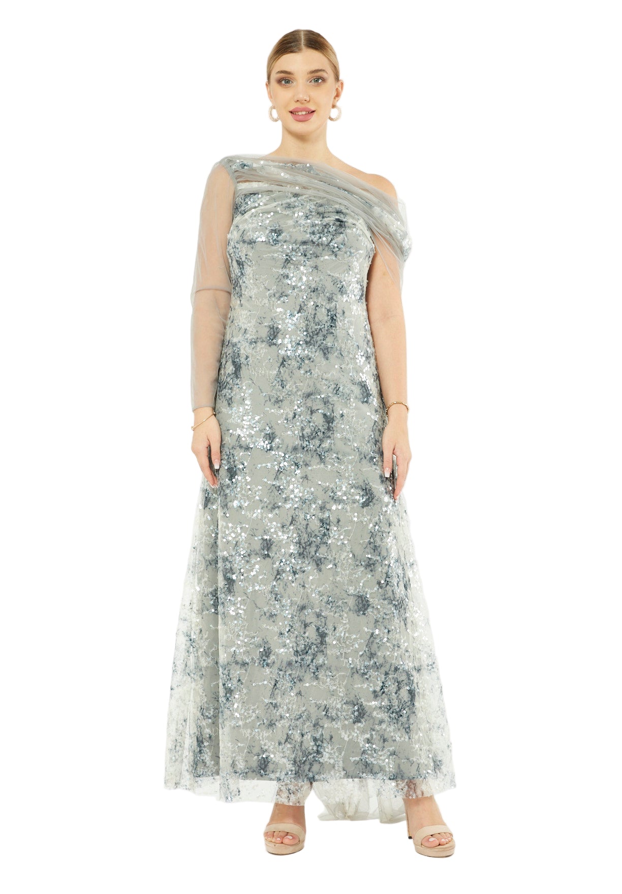 Sequin Mesh One-Shoulder Evening Gown