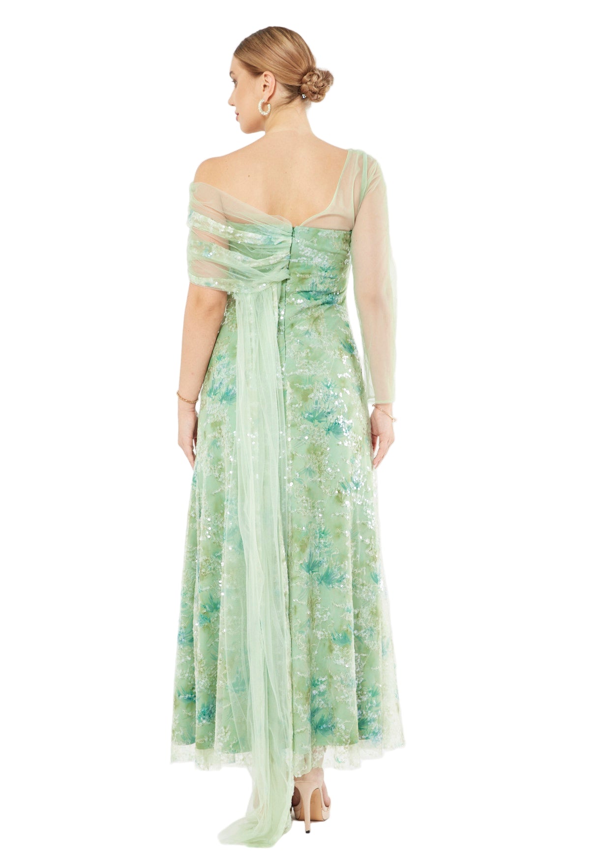 Sequin Mesh One-Shoulder Evening Gown