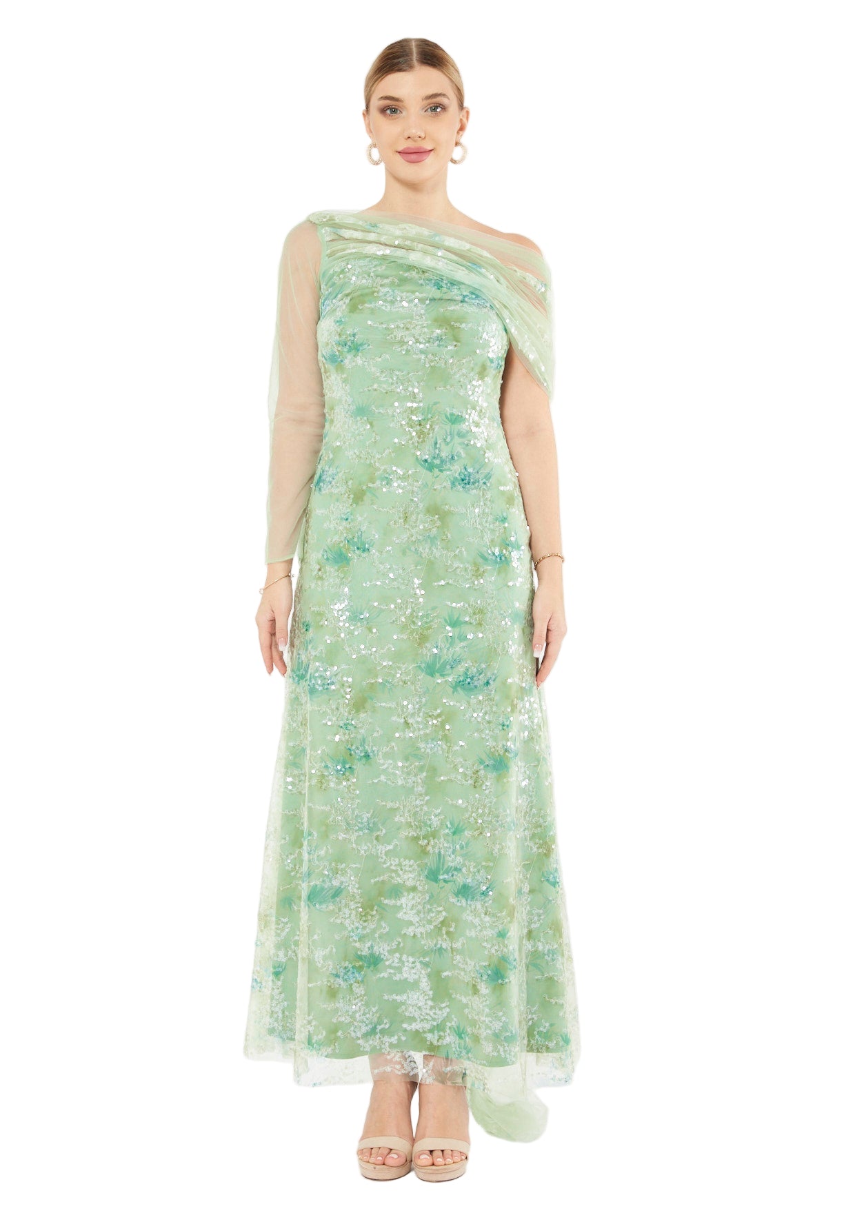 Sequin Mesh One-Shoulder Evening Gown