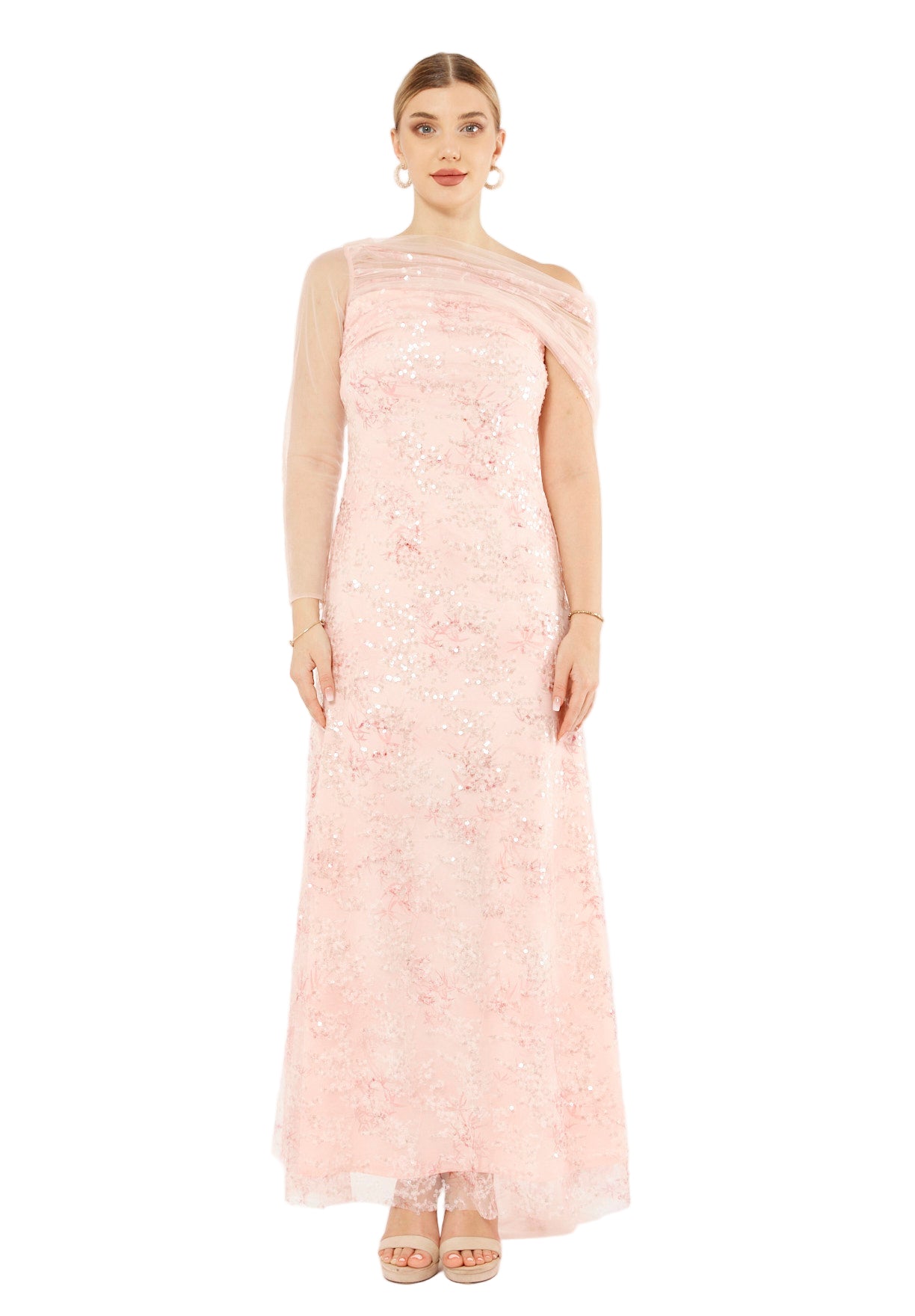 Sequin Mesh One-Shoulder Evening Gown