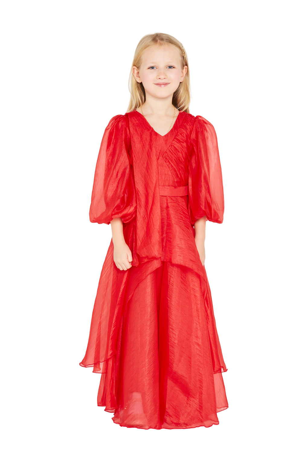 Layered Ruffle Puff Sleeve Gown