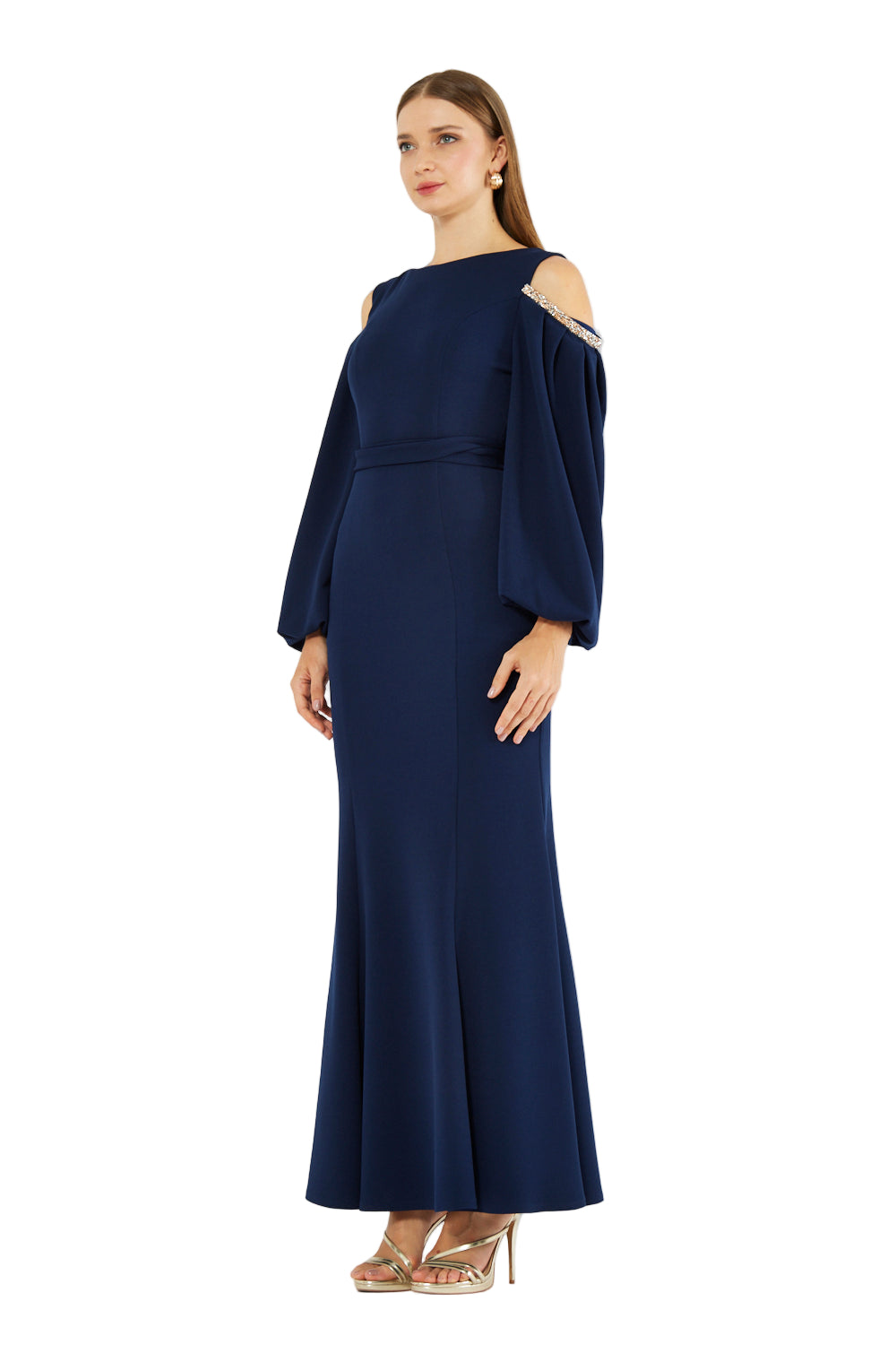 Embellished Cold-Shoulder Crepe Gown