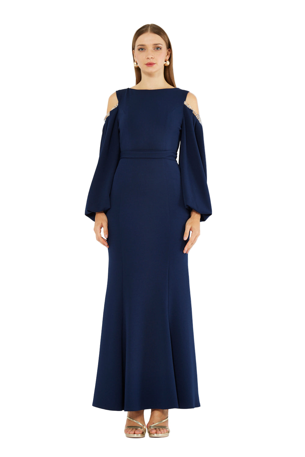 Embellished Cold-Shoulder Crepe Gown