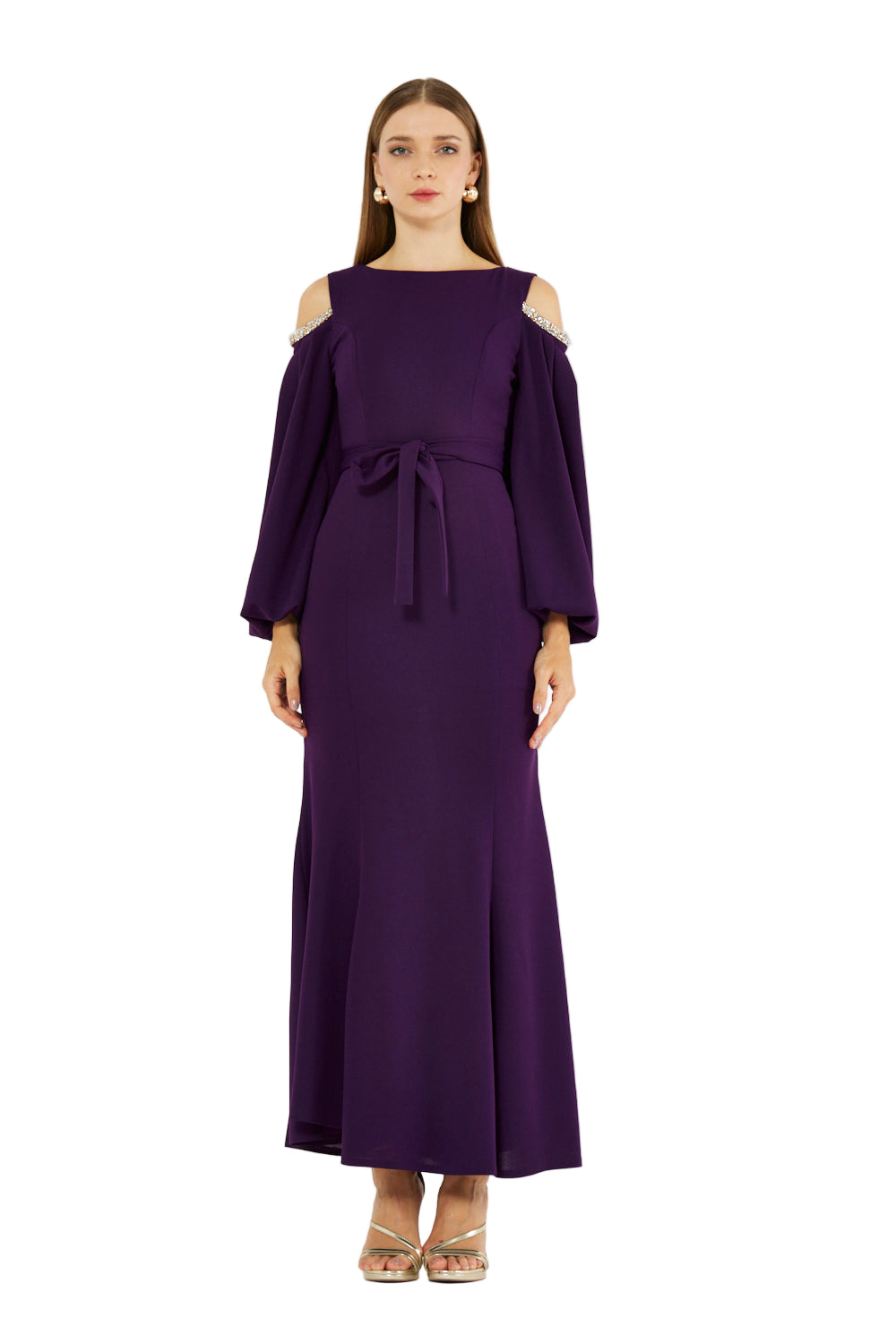 Embellished Cold-Shoulder Crepe Gown