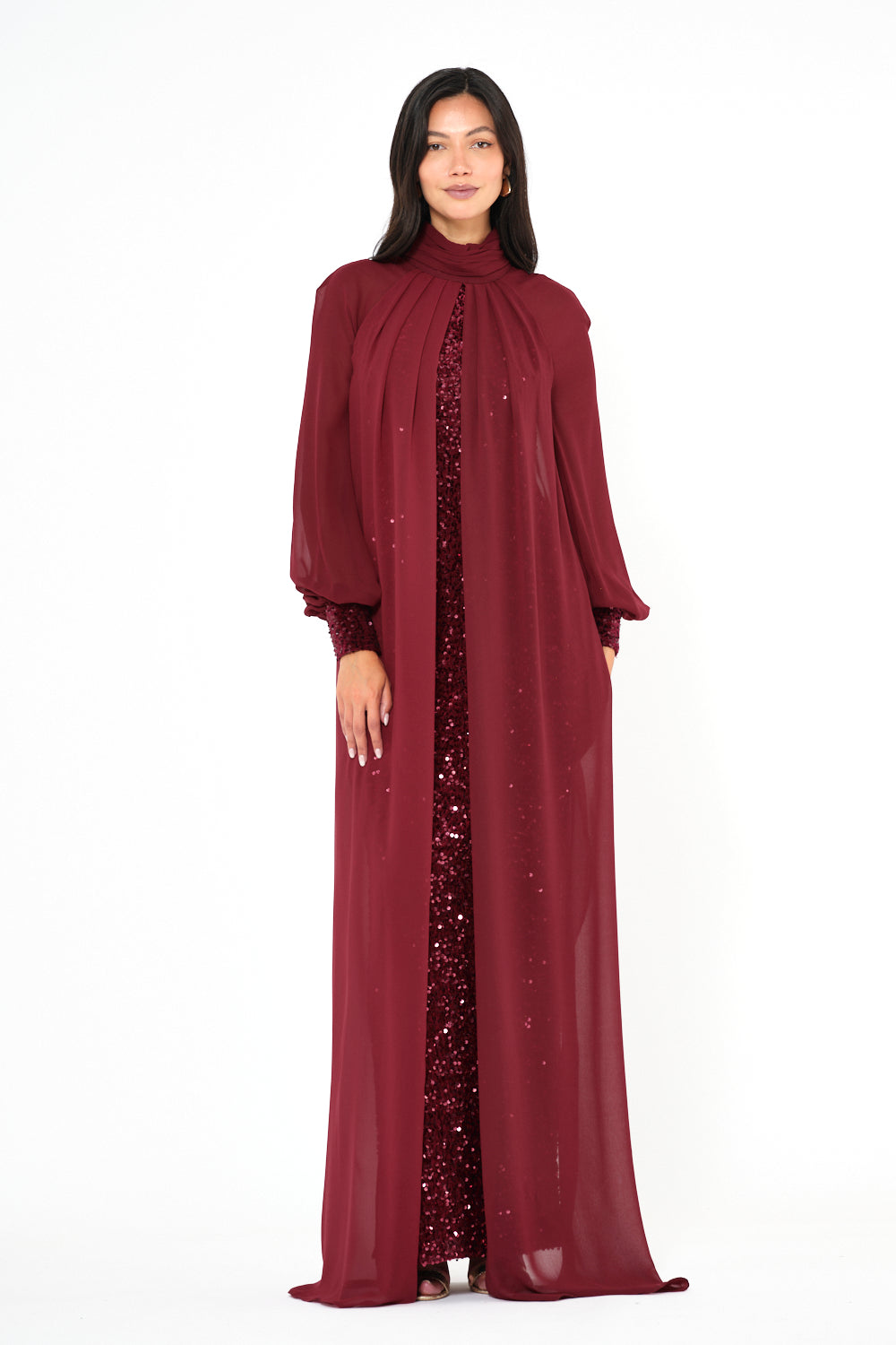 Sequin Column Gown With Sheer Overlay Cape