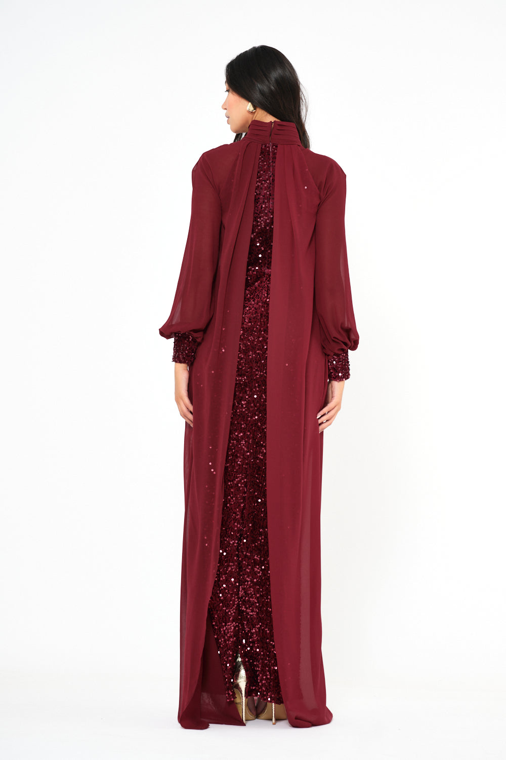 Sequin Column Gown With Sheer Overlay Cape