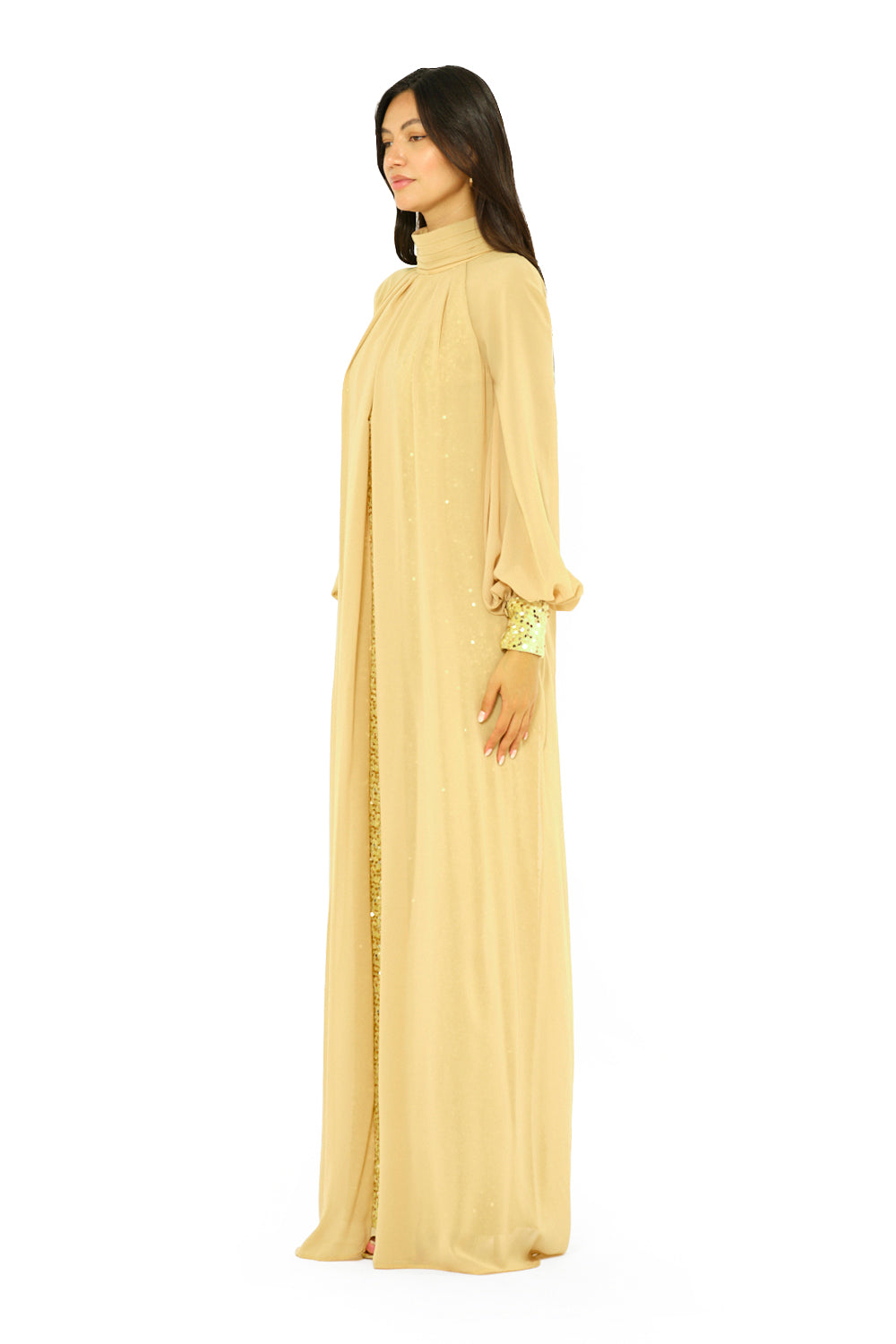 Sequin Column Gown With Sheer Overlay Cape