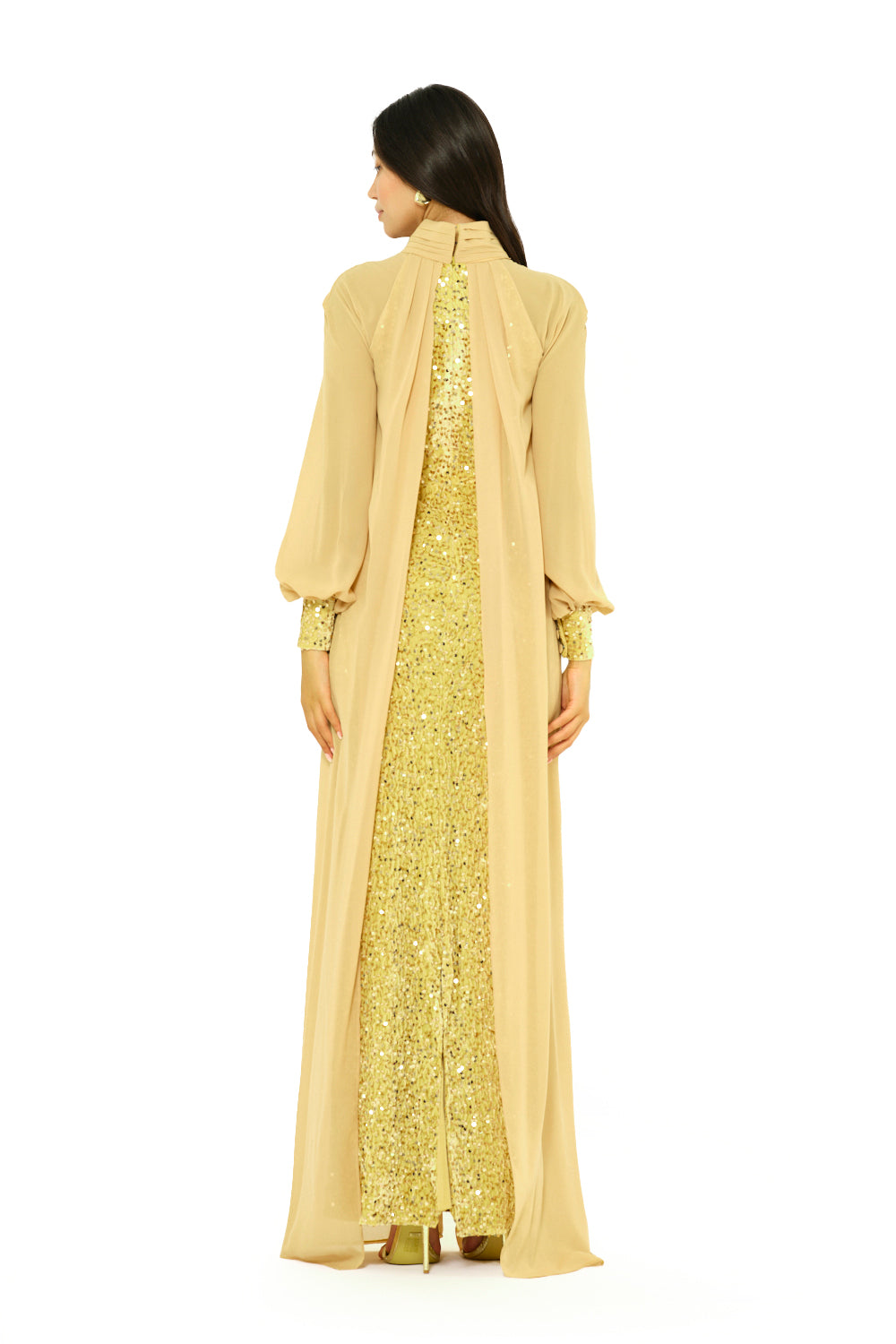 Sequin Column Gown With Sheer Overlay Cape
